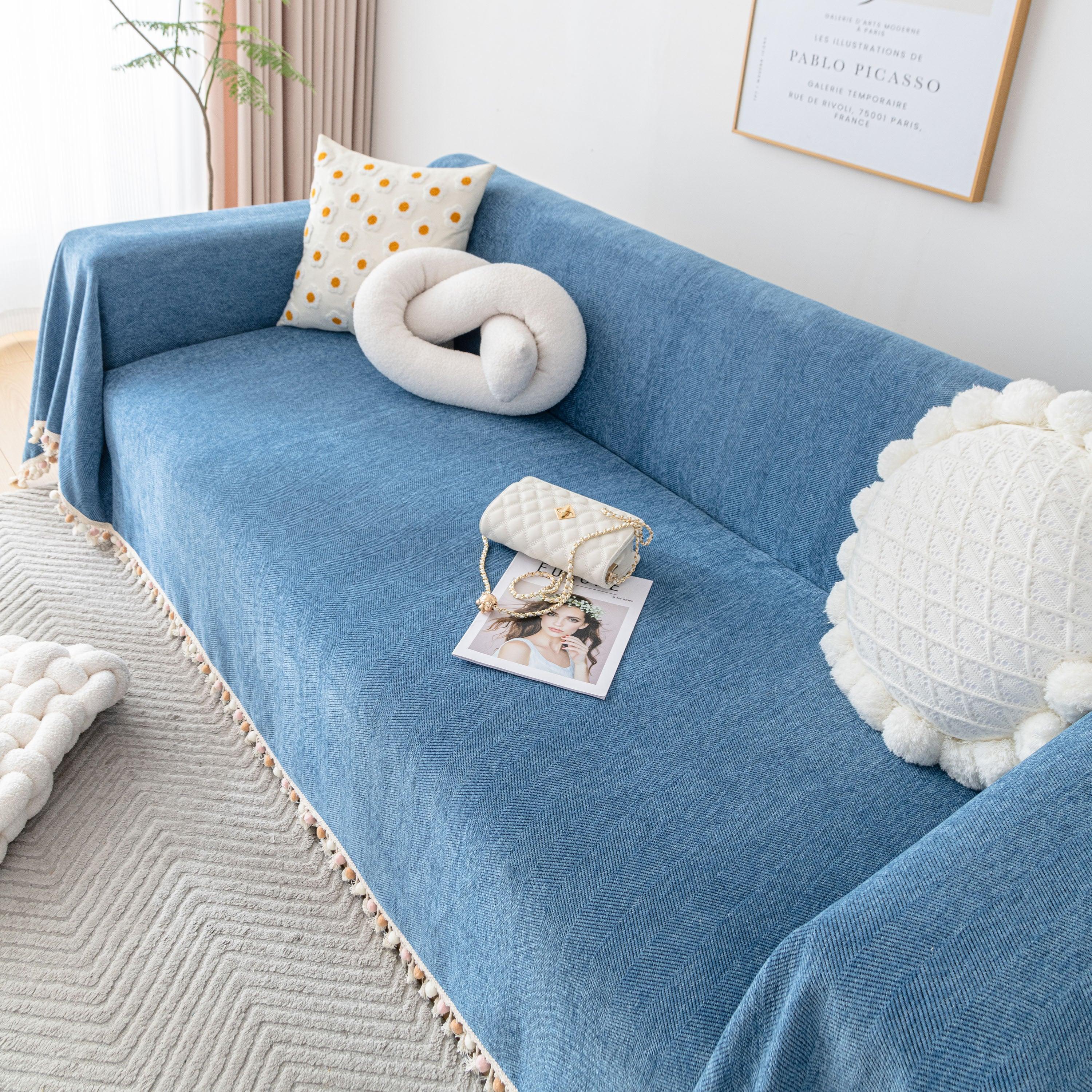 Boho Herringbone Sofa Throw Blanket with Pom Pom Tassels Stylish Furniture Slipcover - TaroTextile