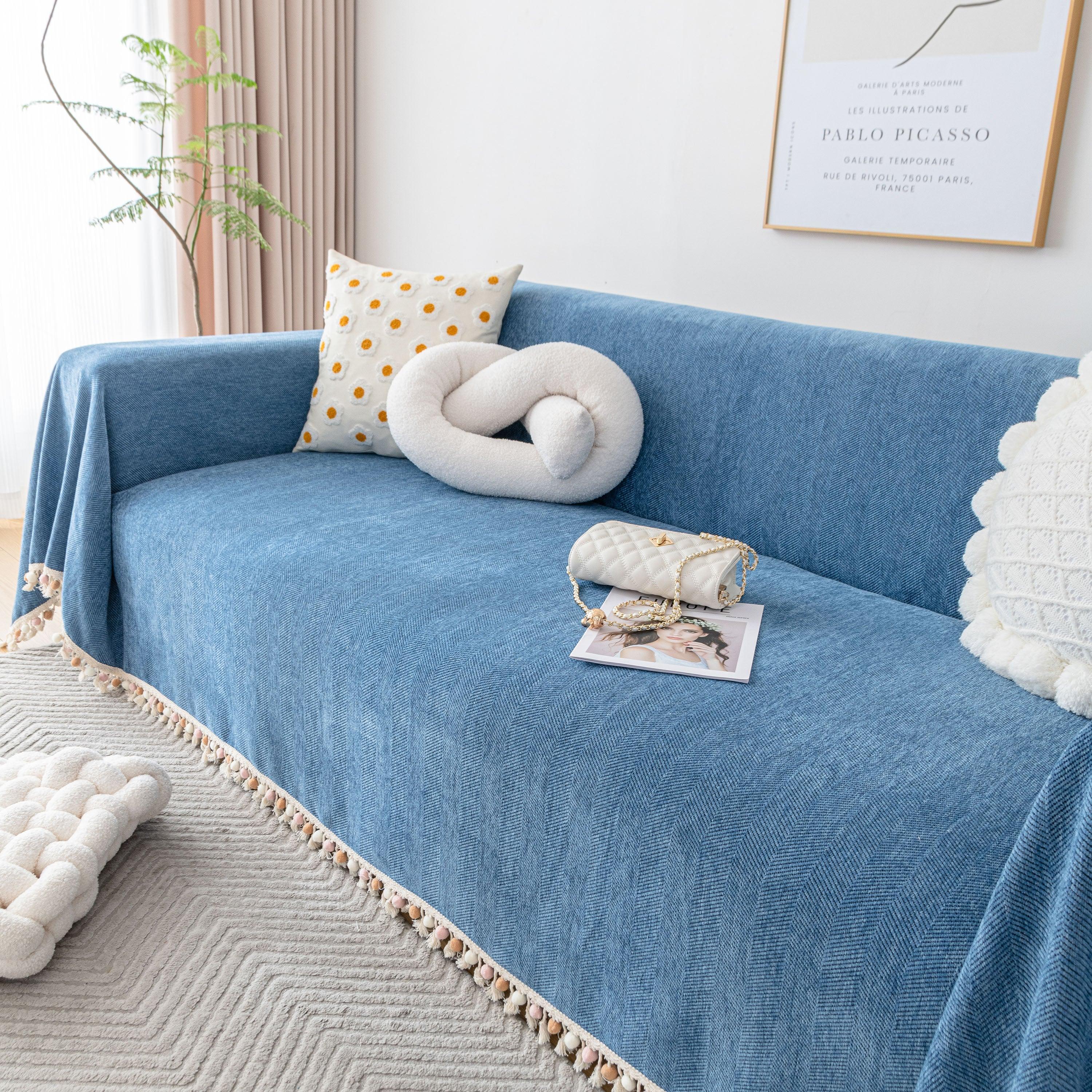 Boho Herringbone Sofa Throw Blanket with Pom Pom Tassels Stylish Furniture Slipcover - TaroTextile