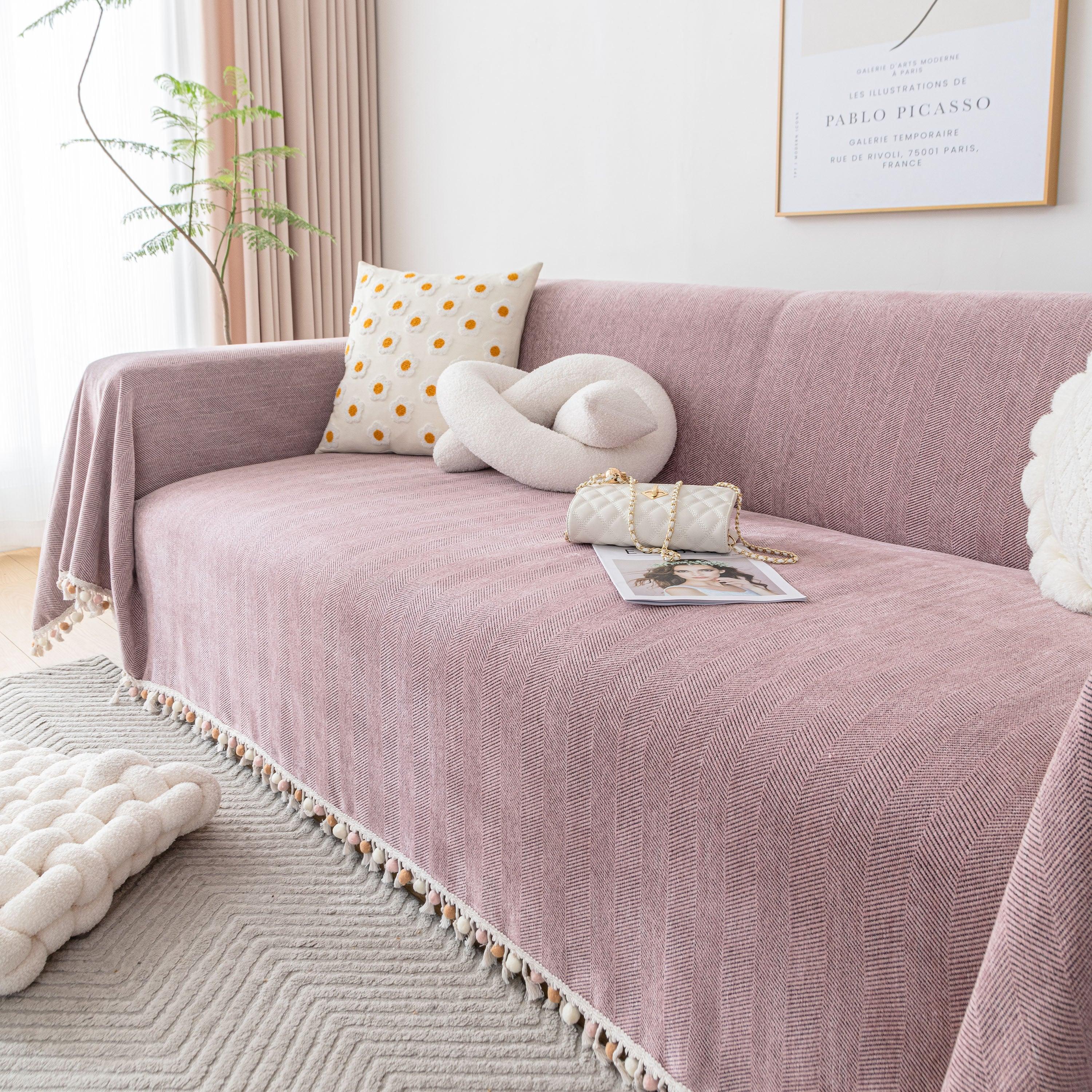 Boho Herringbone Sofa Throw Blanket with Pom Pom Tassels Stylish Furniture Slipcover - TaroTextile