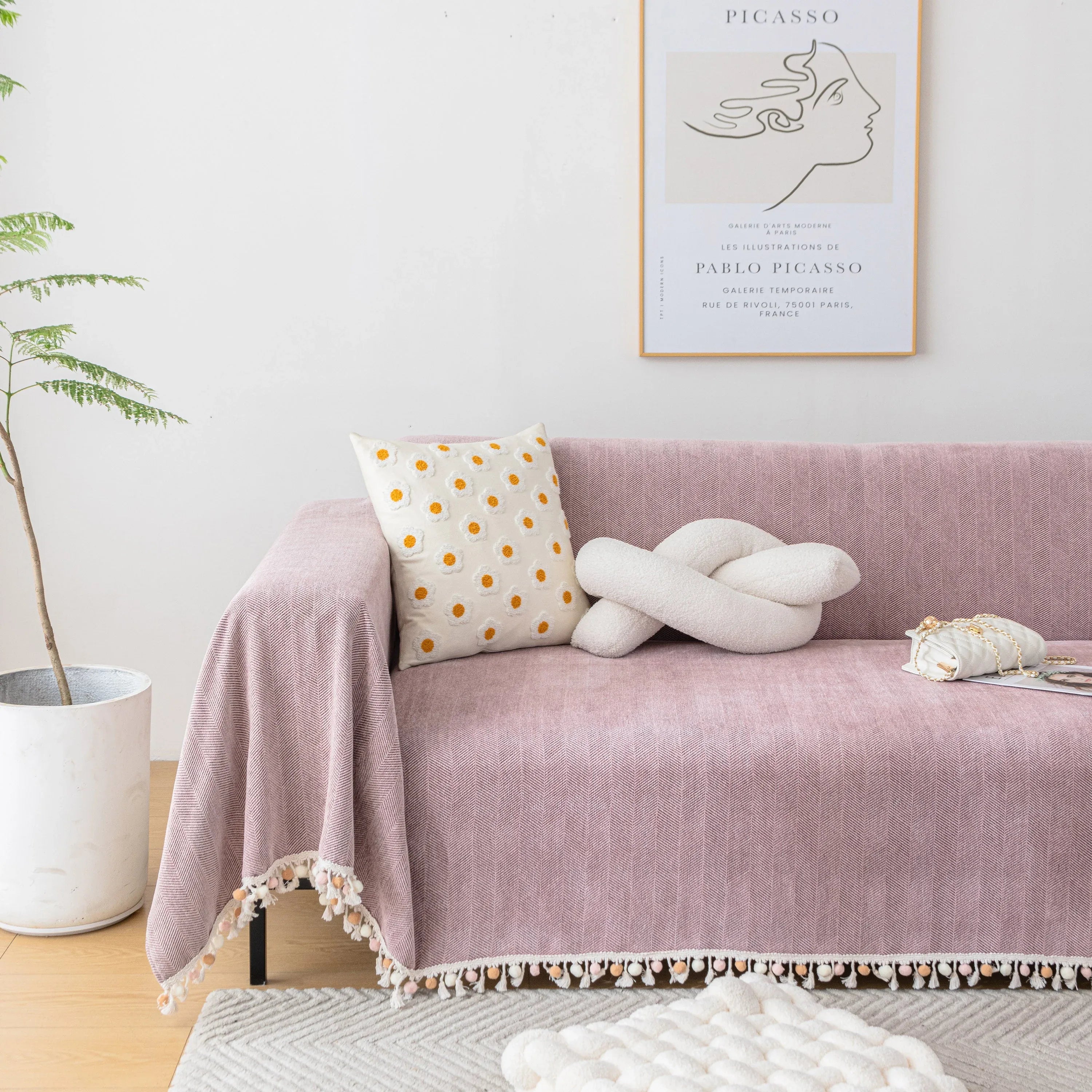 Boho Herringbone Sofa Throw Blanket with Pom Pom Tassels Stylish Furniture Slipcover - TaroTextile