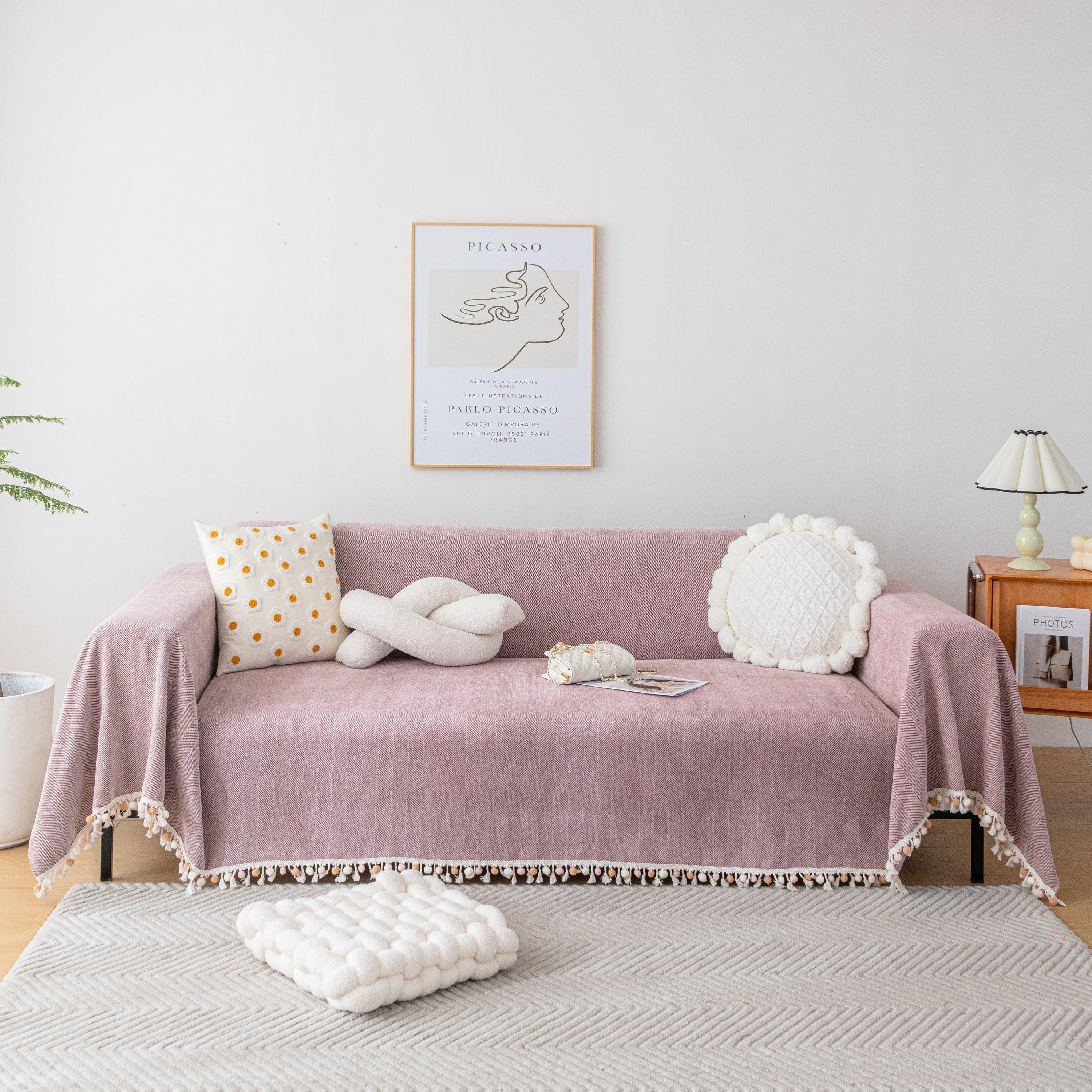 Boho Herringbone Sofa Throw Blanket with Pom Pom Tassels Stylish Furniture Slipcover - TaroTextile