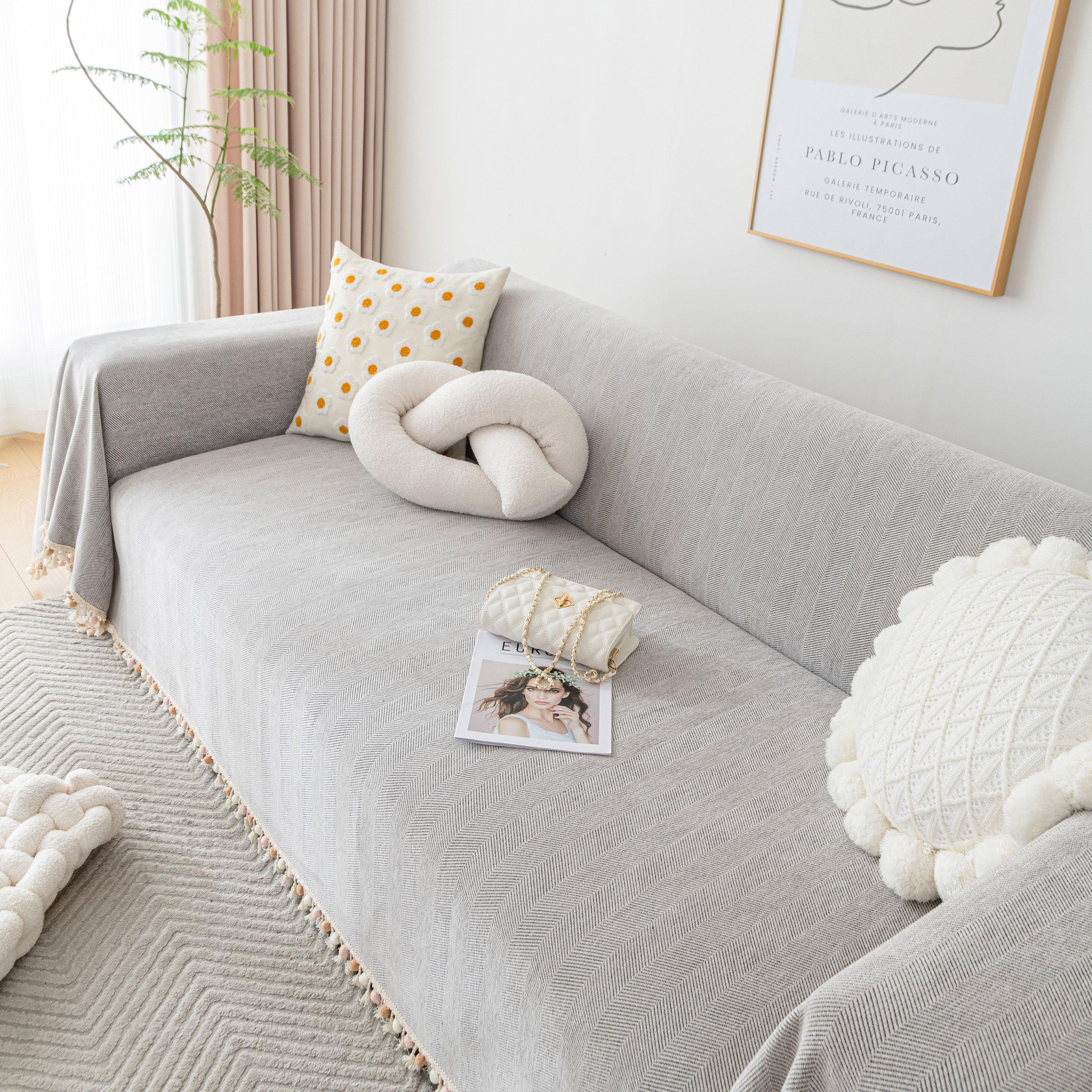 Boho Herringbone Sofa Throw Blanket with Pom Pom Tassels Stylish Furniture Slipcover - TaroTextile