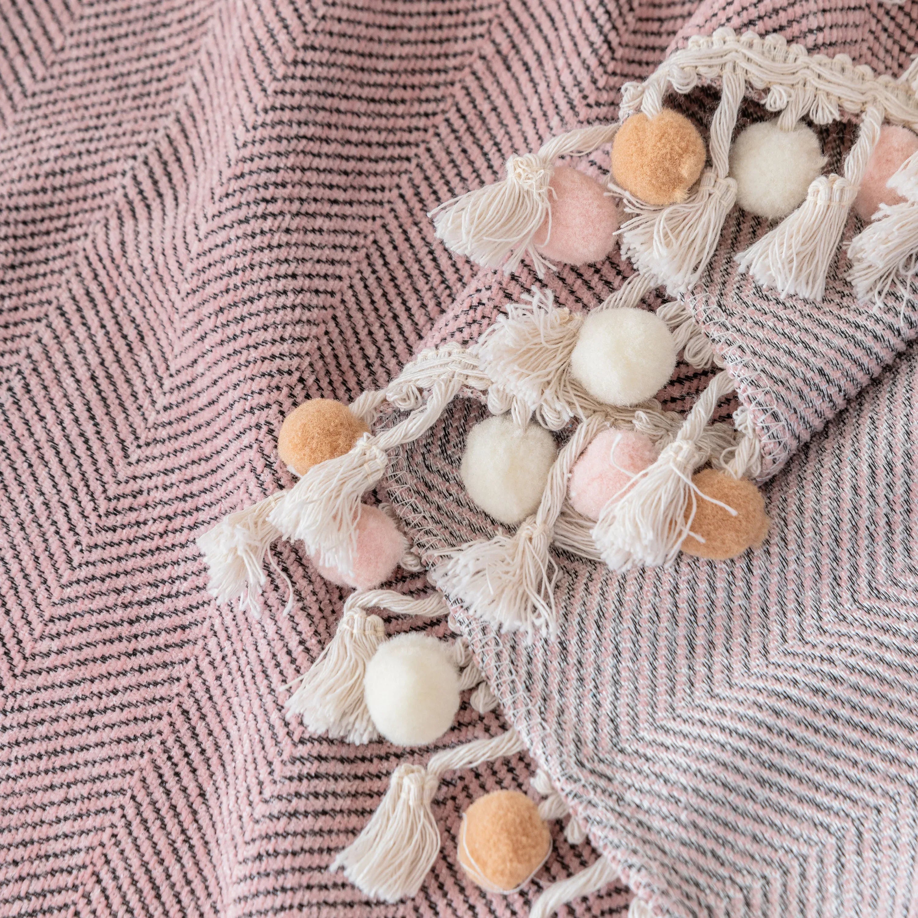 Boho Herringbone Sofa Throw Blanket with Pom Pom Tassels Stylish Furniture Slipcover - TaroTextile
