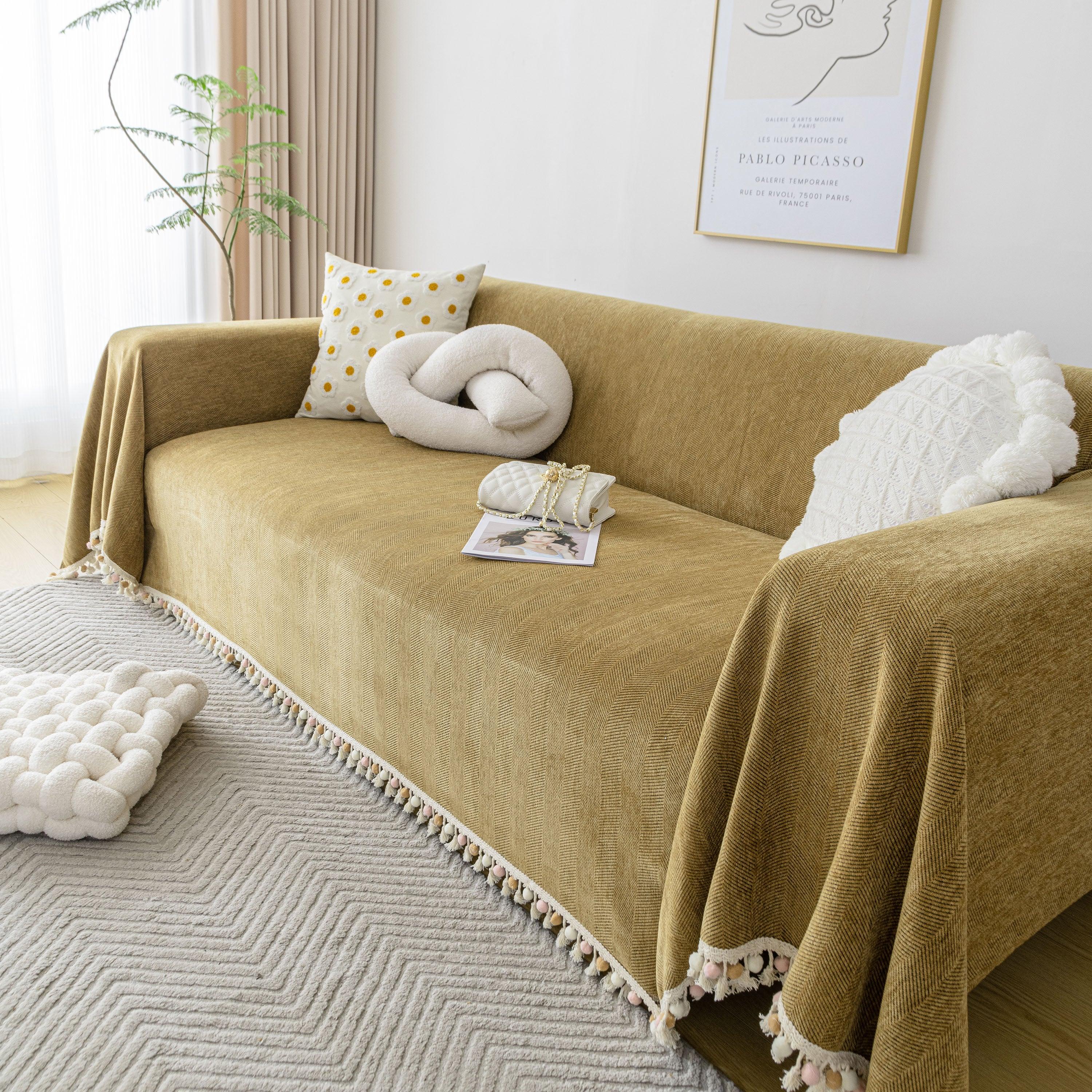 Boho Herringbone Sofa Throw Blanket with Pom Pom Tassels Stylish Furniture Slipcover - TaroTextile