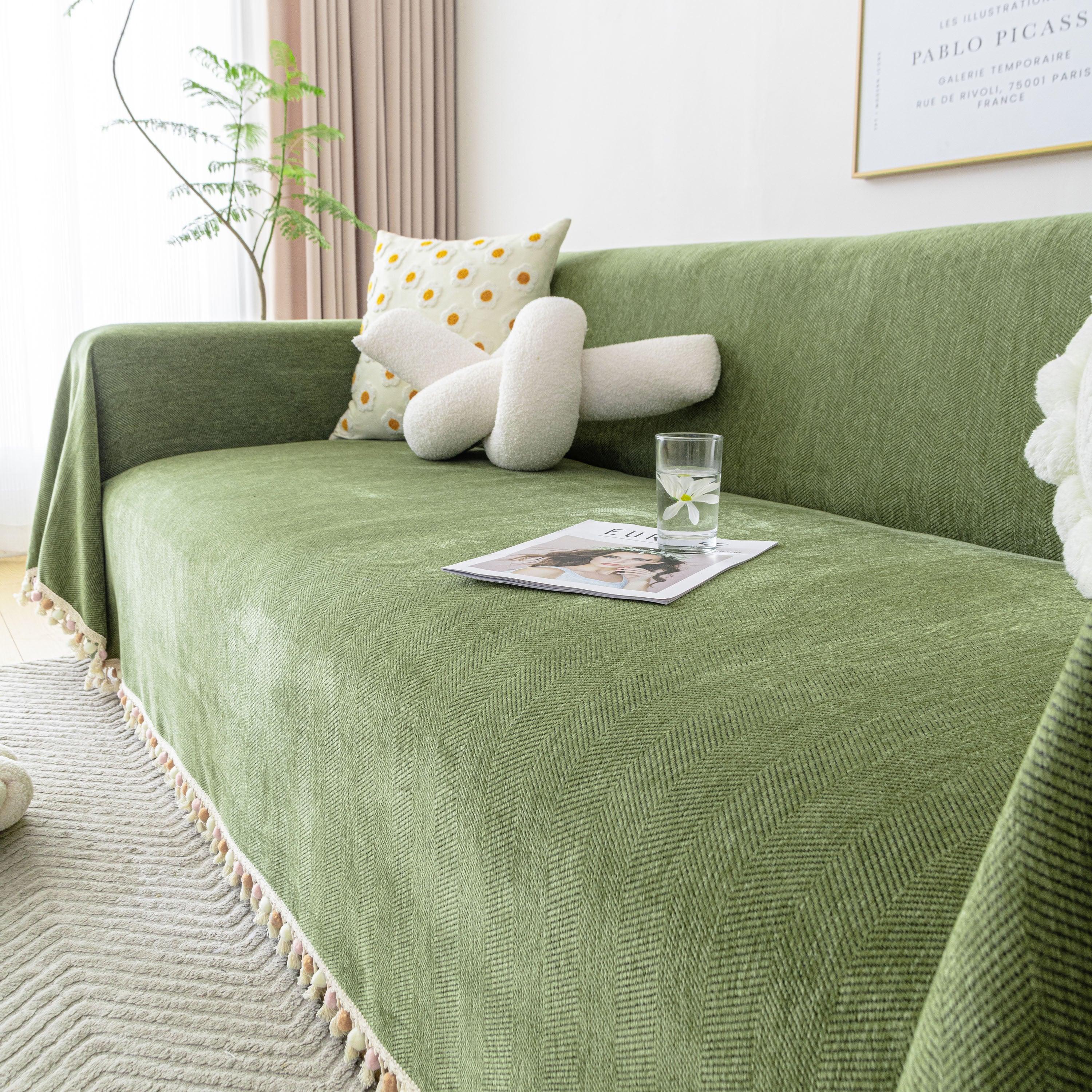 Boho Herringbone Sofa Throw Blanket with Pom Pom Tassels Stylish Furniture Slipcover - TaroTextile