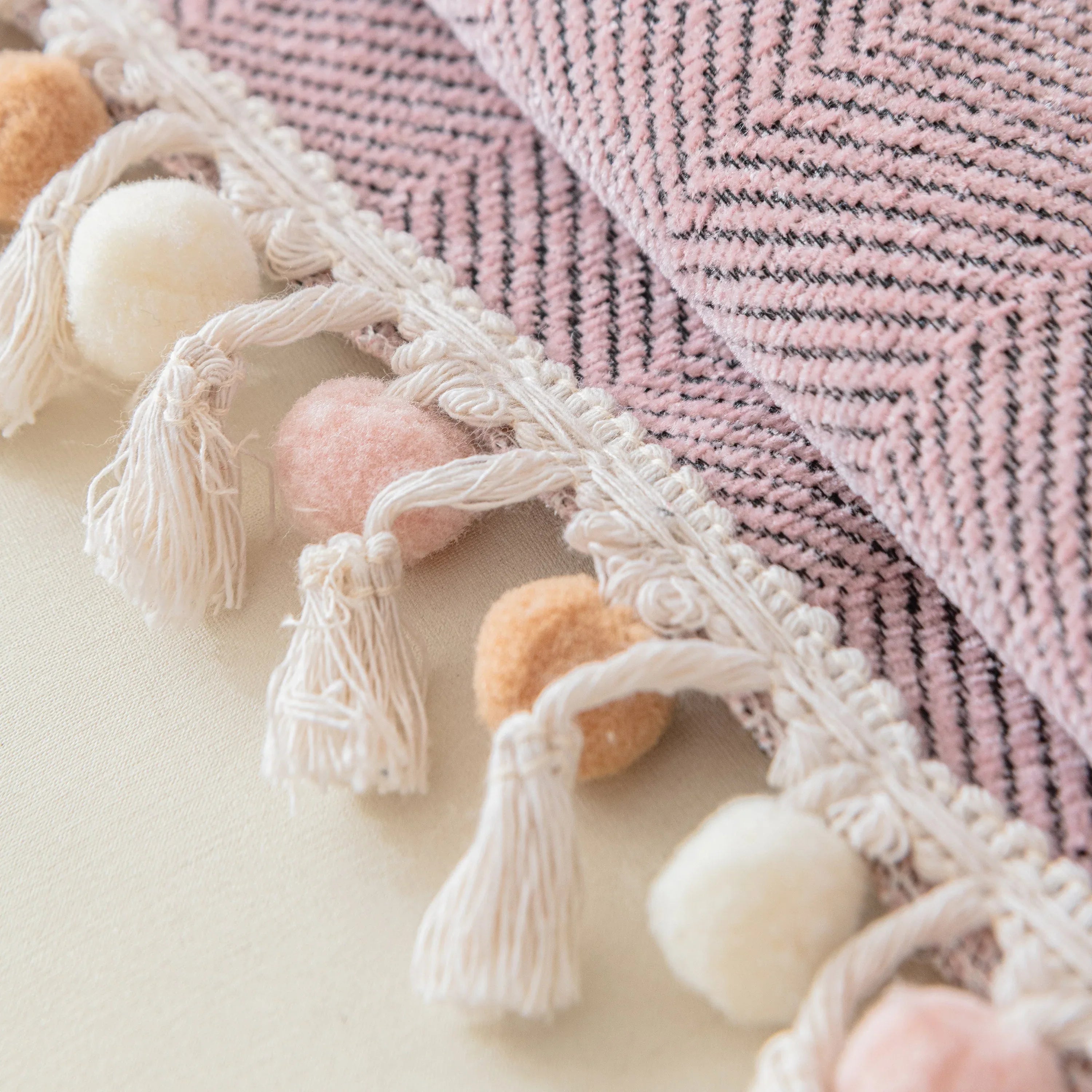 Boho Herringbone Sofa Throw Blanket with Pom Pom Tassels Stylish Furniture Slipcover - TaroTextile