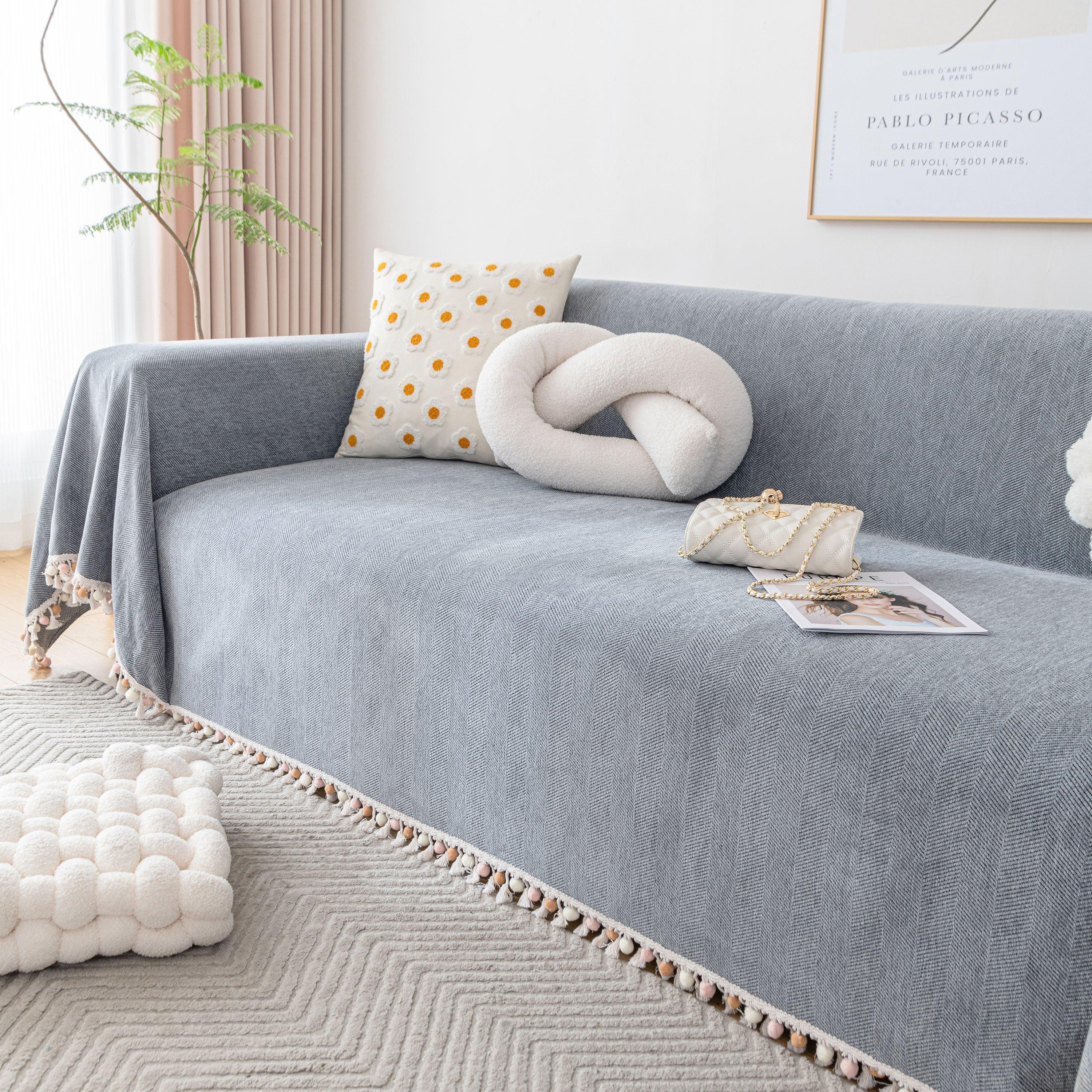 Boho Herringbone Sofa Throw Blanket with Pom Pom Tassels Stylish Furniture Slipcover - TaroTextile