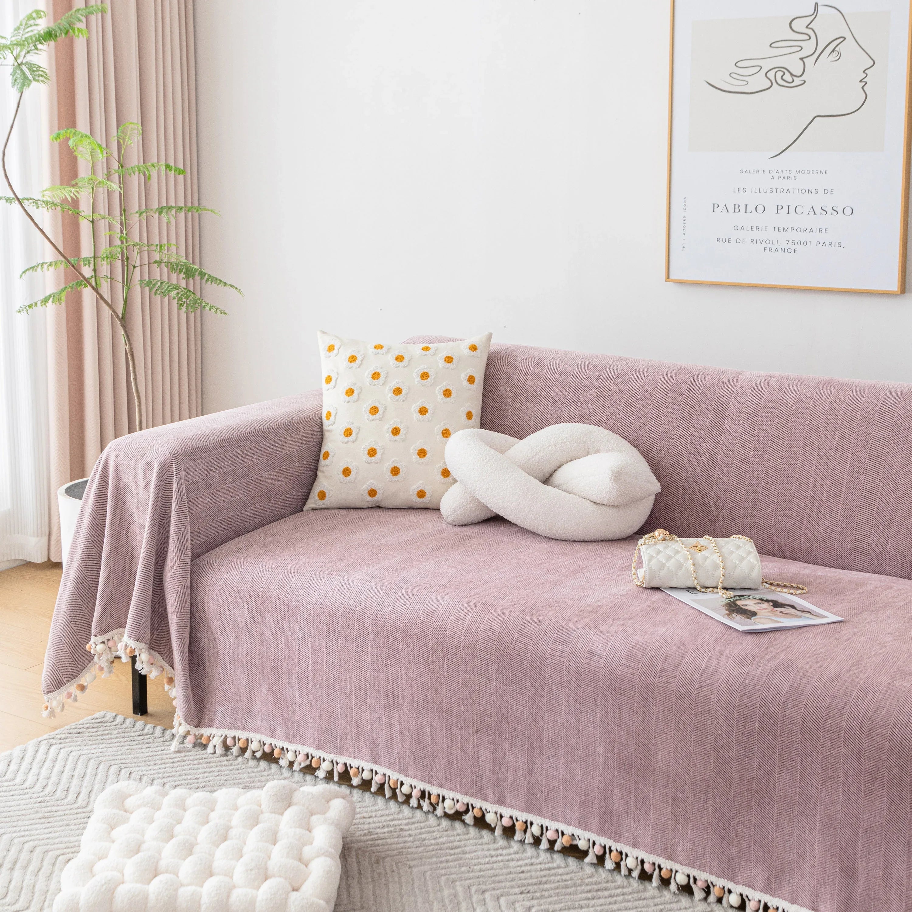 Boho Herringbone Sofa Throw Blanket with Pom Pom Tassels Stylish Furniture Slipcover - TaroTextile