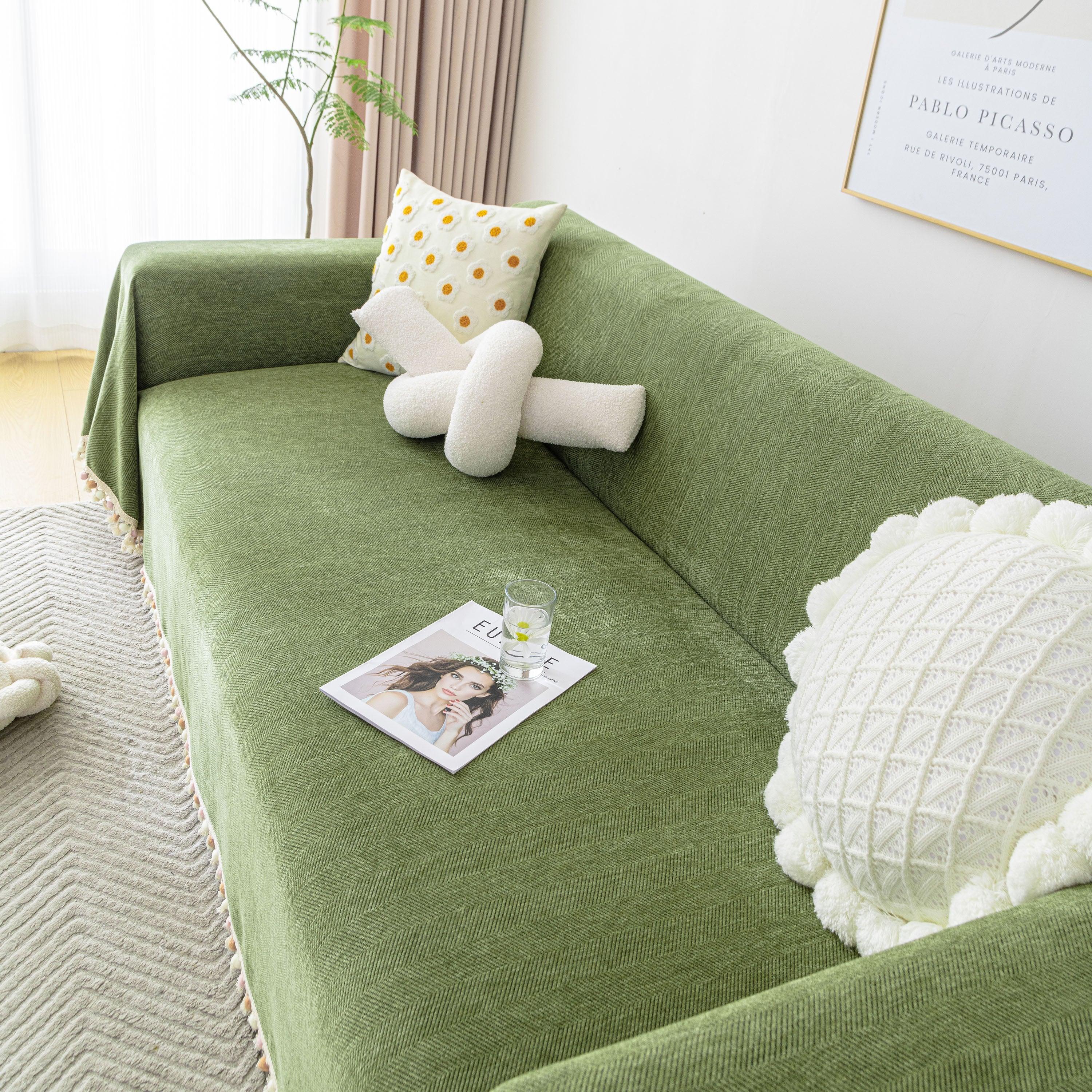 Boho Herringbone Sofa Throw Blanket with Pom Pom Tassels Stylish Furniture Slipcover - TaroTextile