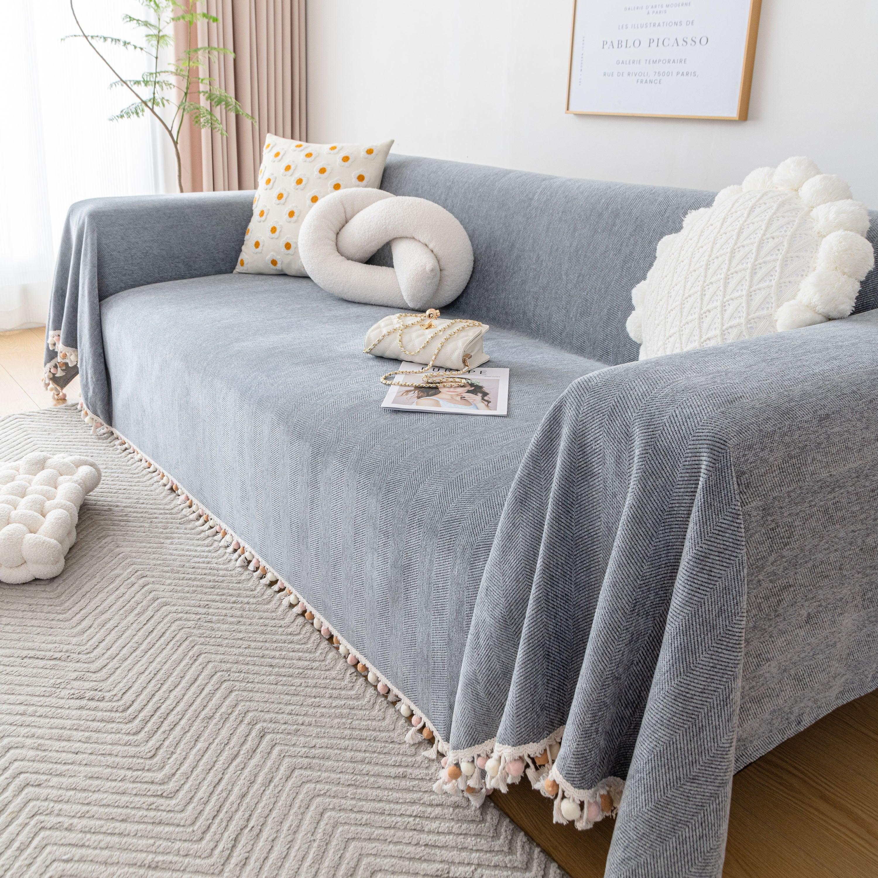 Boho Herringbone Sofa Throw Blanket with Pom Pom Tassels Stylish Furniture Slipcover - TaroTextile