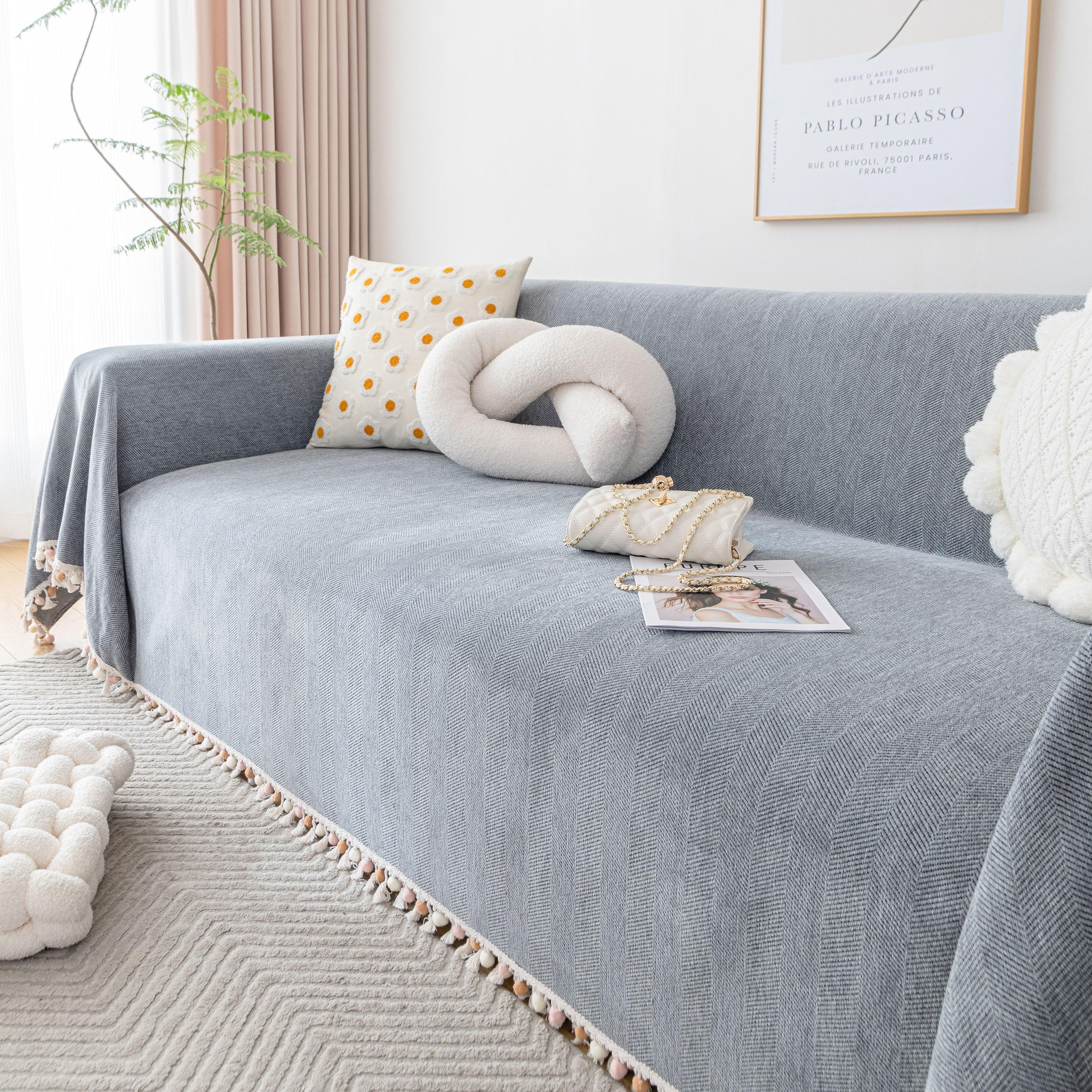 Boho Herringbone Sofa Throw Blanket with Pom Pom Tassels Stylish Furniture Slipcover - TaroTextile