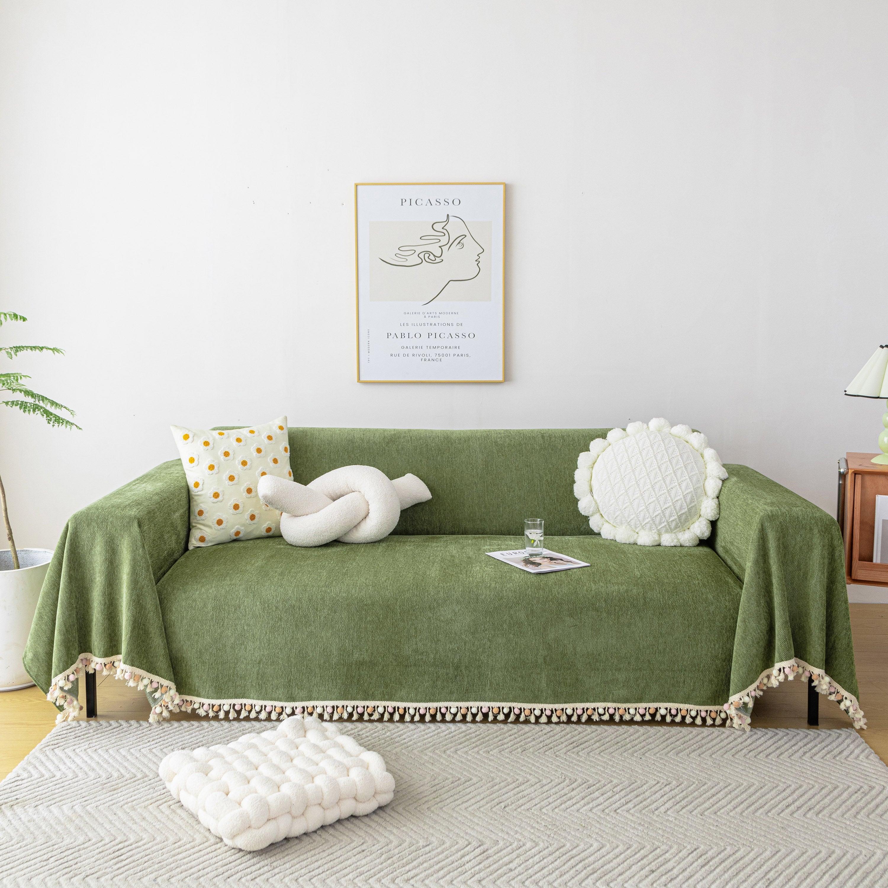 Boho Herringbone Sofa Throw Blanket with Pom Pom Tassels Stylish Furniture Slipcover - TaroTextile