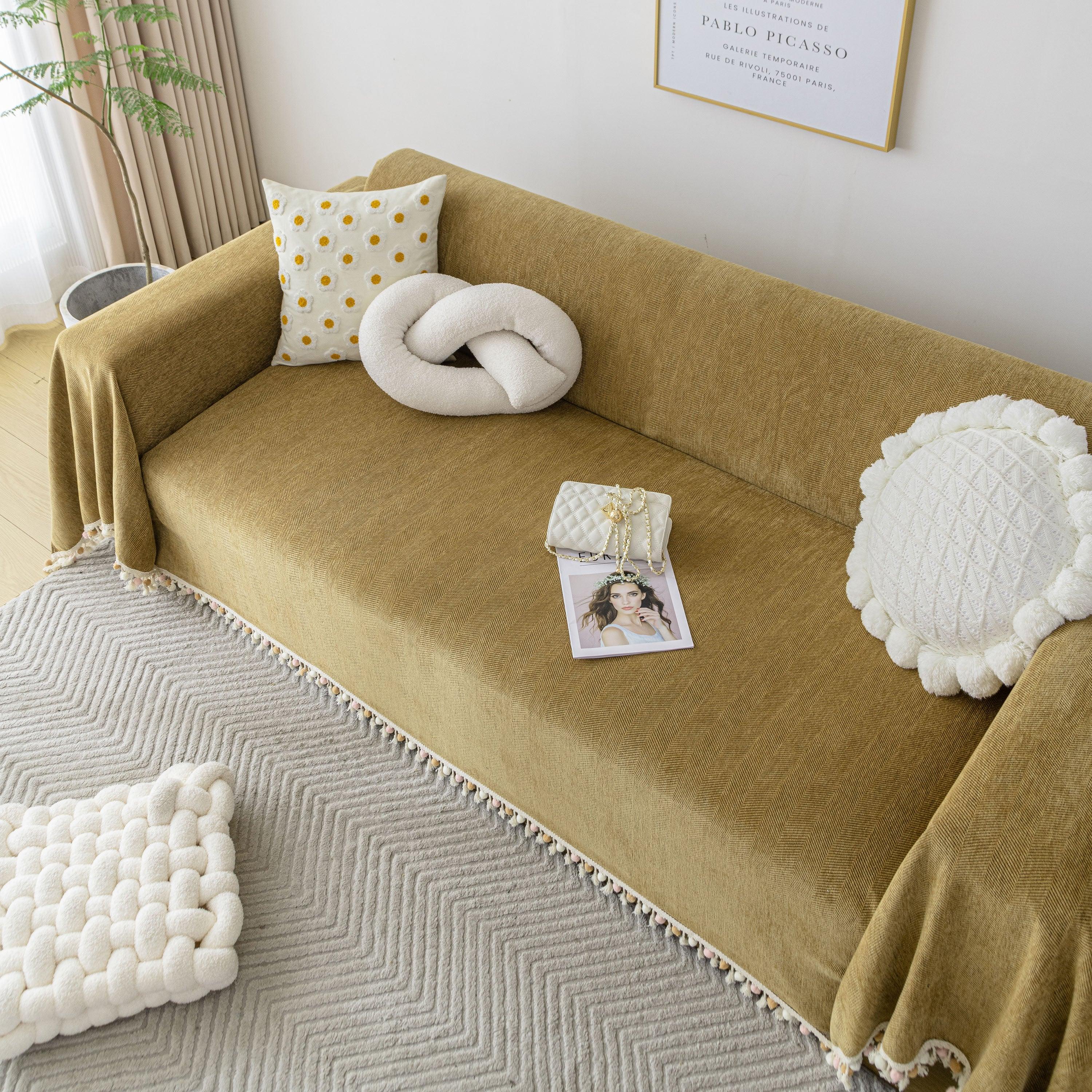 Boho Herringbone Sofa Throw Blanket with Pom Pom Tassels Stylish Furniture Slipcover - TaroTextile