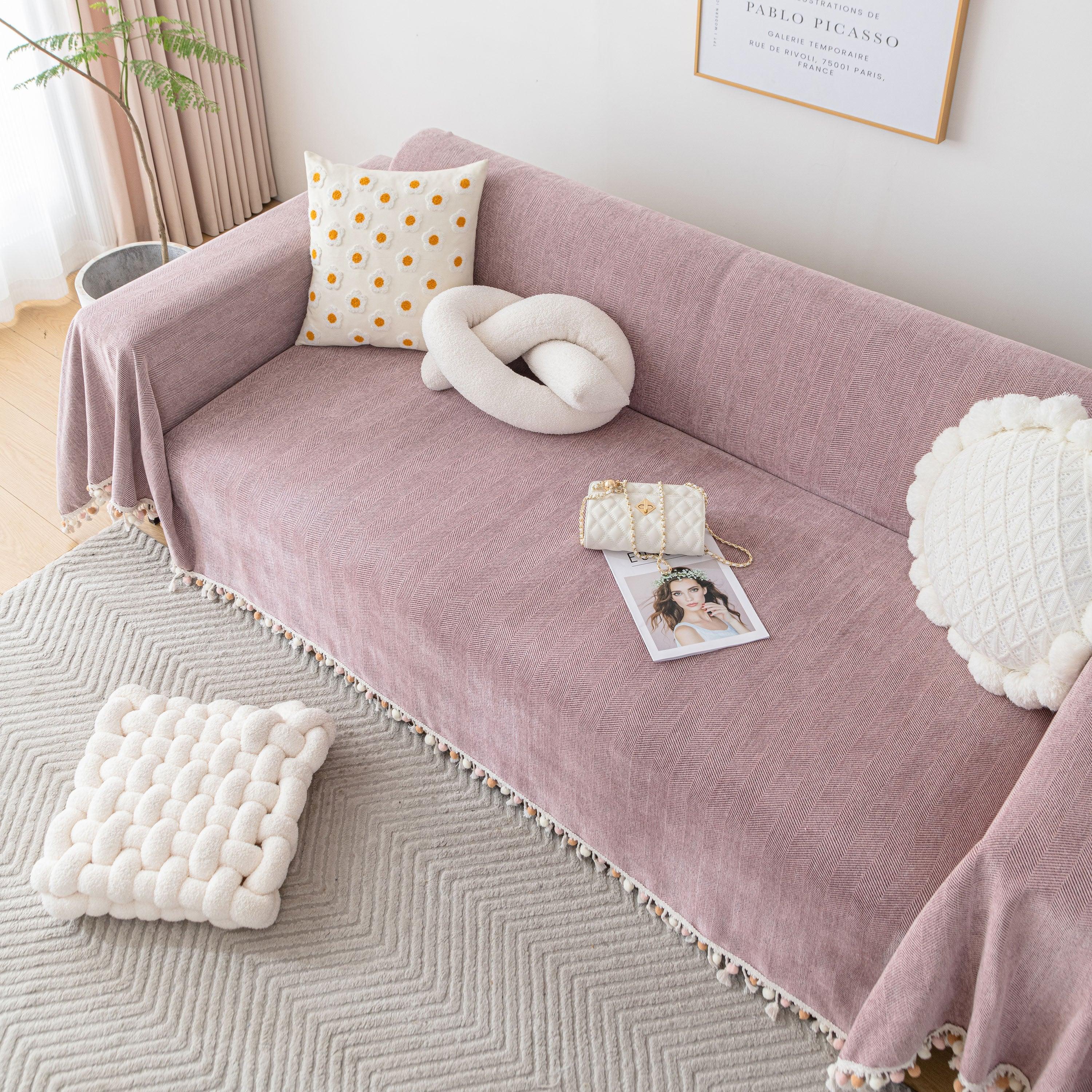 Boho Herringbone Sofa Throw Blanket with Pom Pom Tassels Stylish Furniture Slipcover - TaroTextile