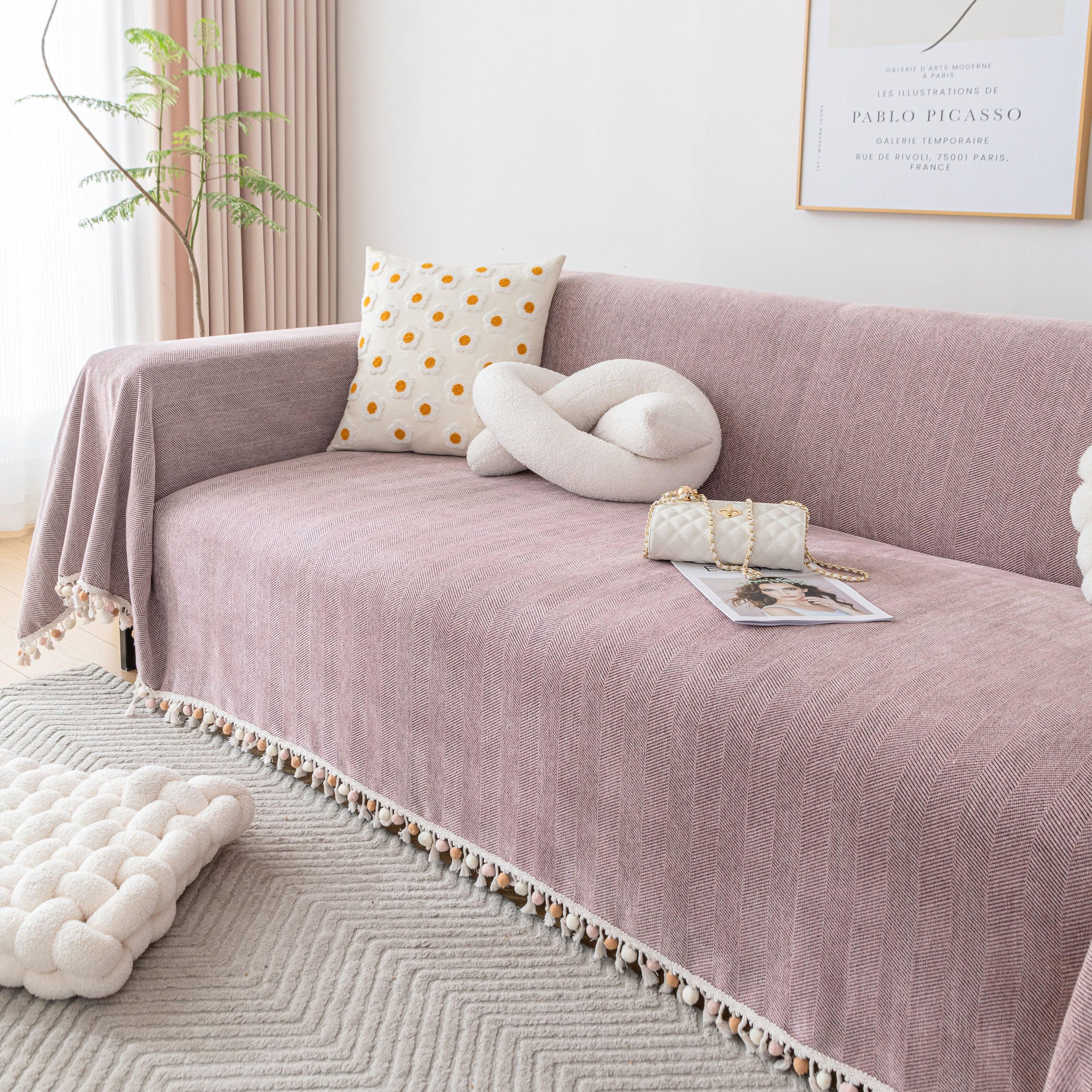 Boho Herringbone Sofa Throw Blanket with Pom Pom Tassels Stylish Furniture Slipcover - TaroTextile