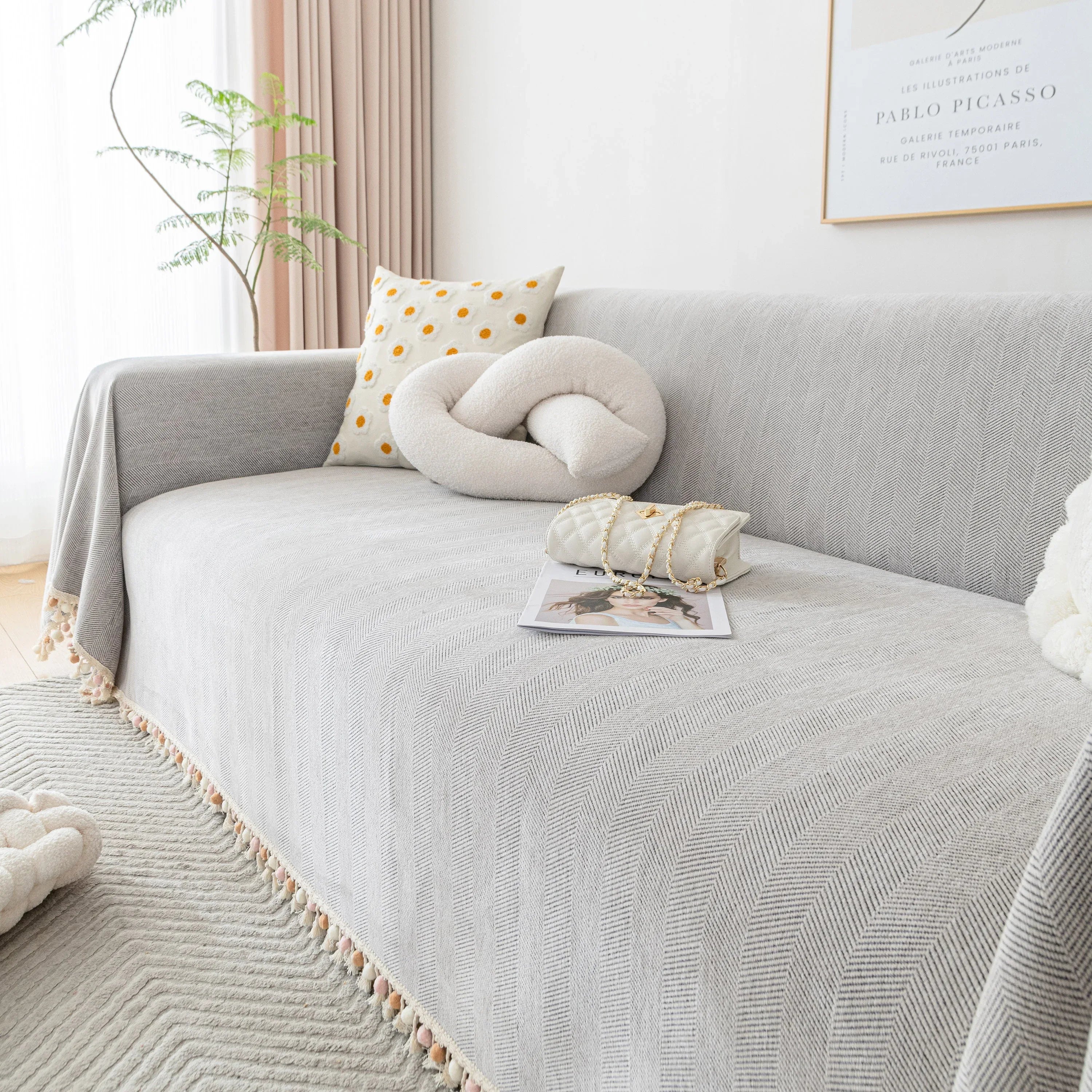 Boho Herringbone Sofa Throw Blanket with Pom Pom Tassels Stylish Furniture Slipcover - TaroTextile