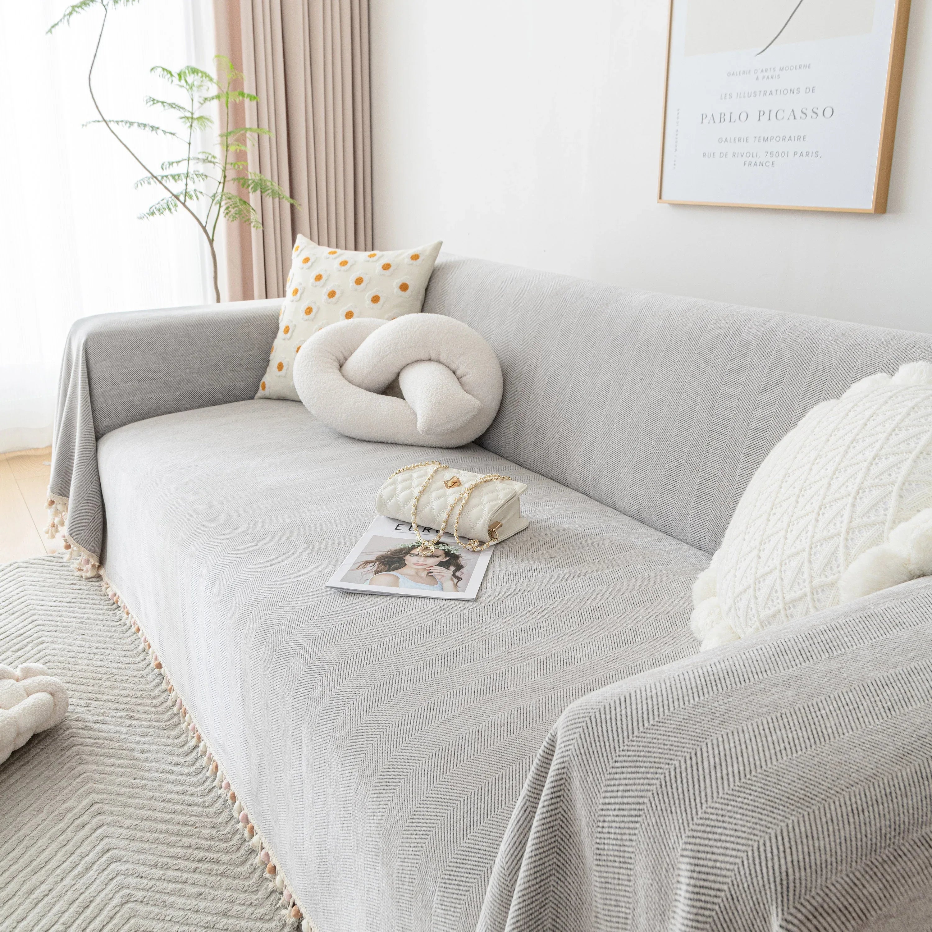 Boho Herringbone Sofa Throw Blanket with Pom Pom Tassels Stylish Furniture Slipcover - TaroTextile