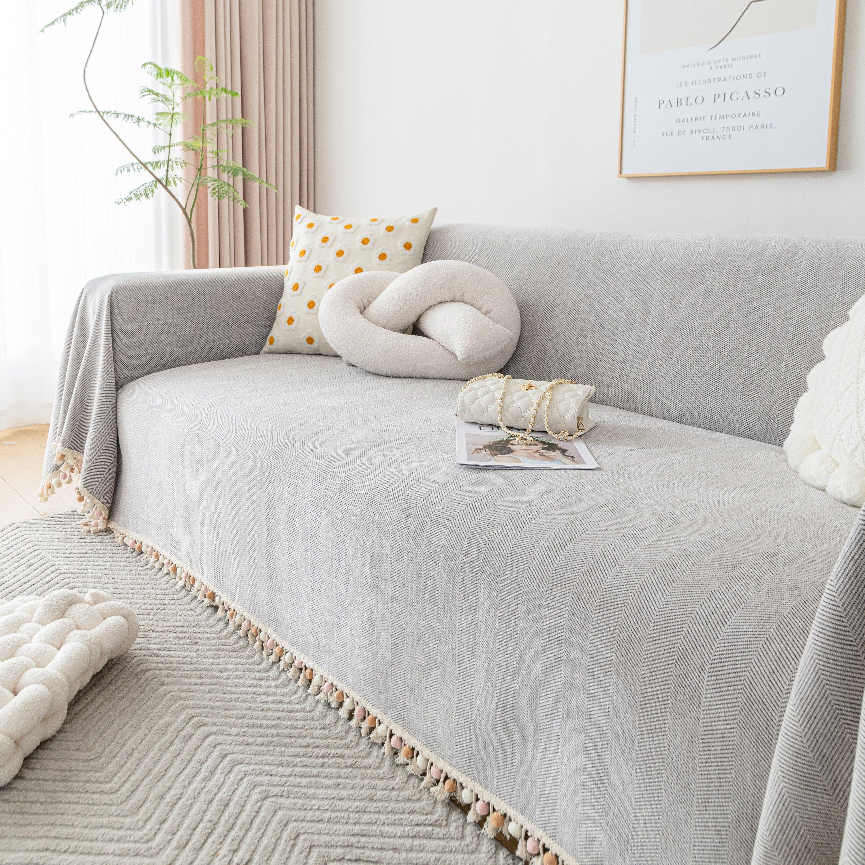 Boho Herringbone Sofa Throw Blanket with Pom Pom Tassels Stylish Furniture Slipcover - TaroTextile