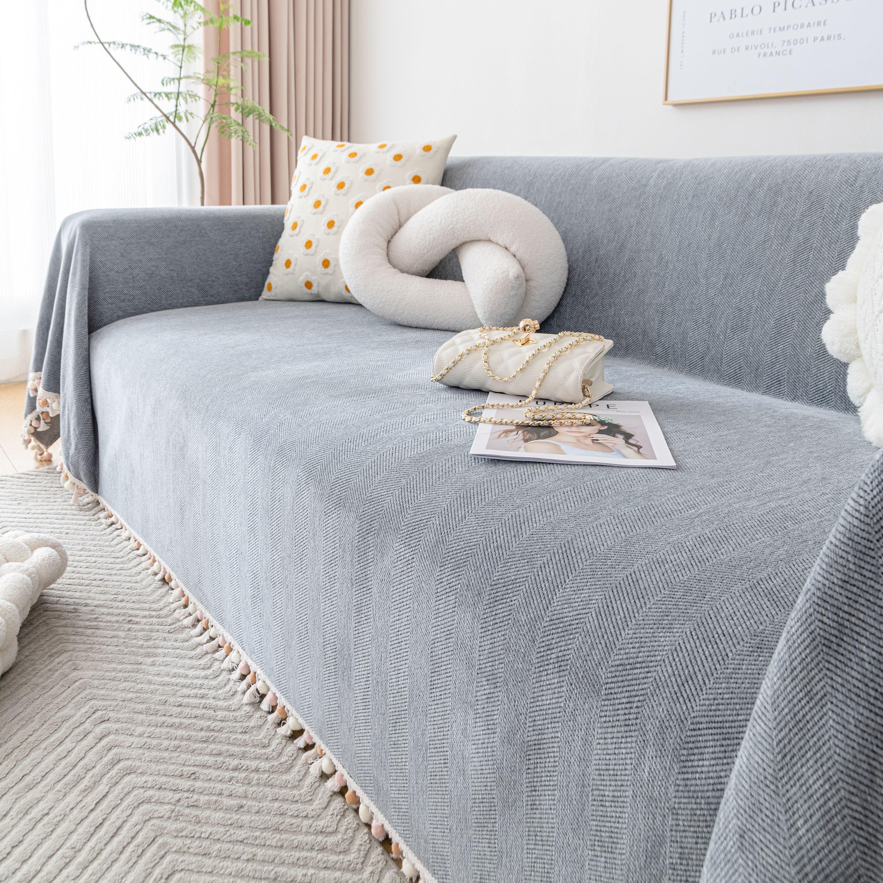 Boho Herringbone Sofa Throw Blanket with Pom Pom Tassels Stylish Furniture Slipcover - TaroTextile