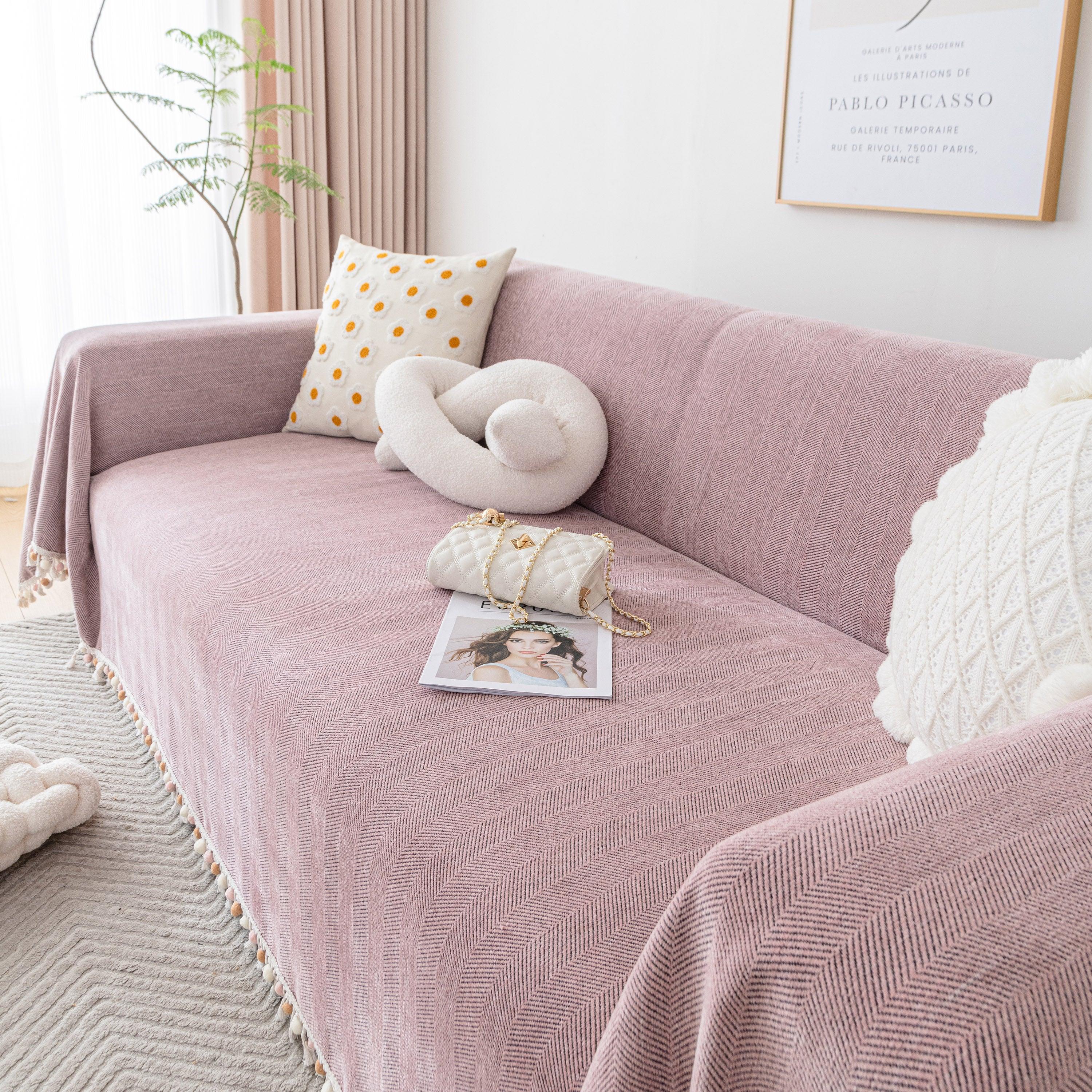 Boho Herringbone Sofa Throw Blanket with Pom Pom Tassels Stylish Furniture Slipcover - TaroTextile