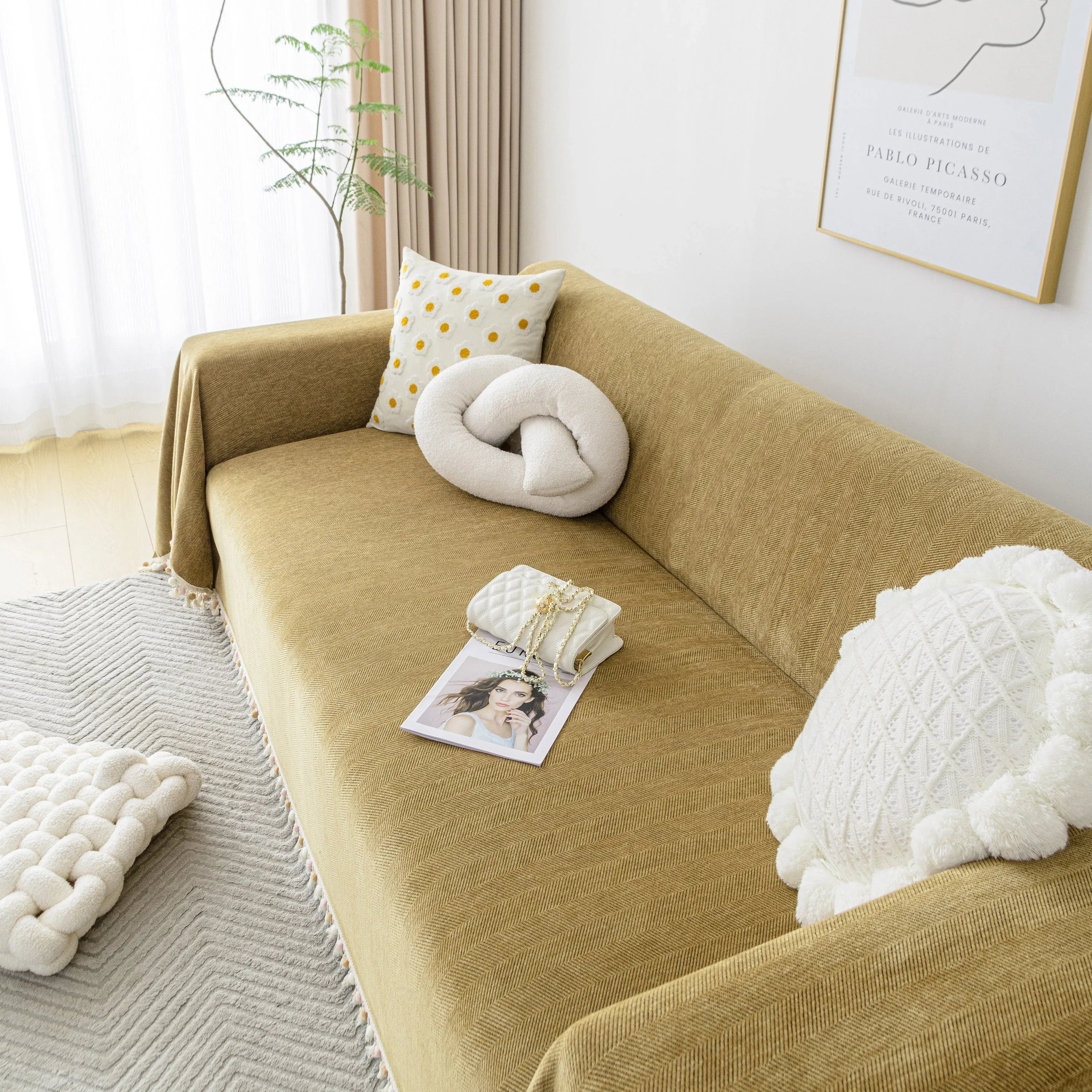 Boho Herringbone Sofa Throw Blanket with Pom Pom Tassels Stylish Furniture Slipcover - TaroTextile