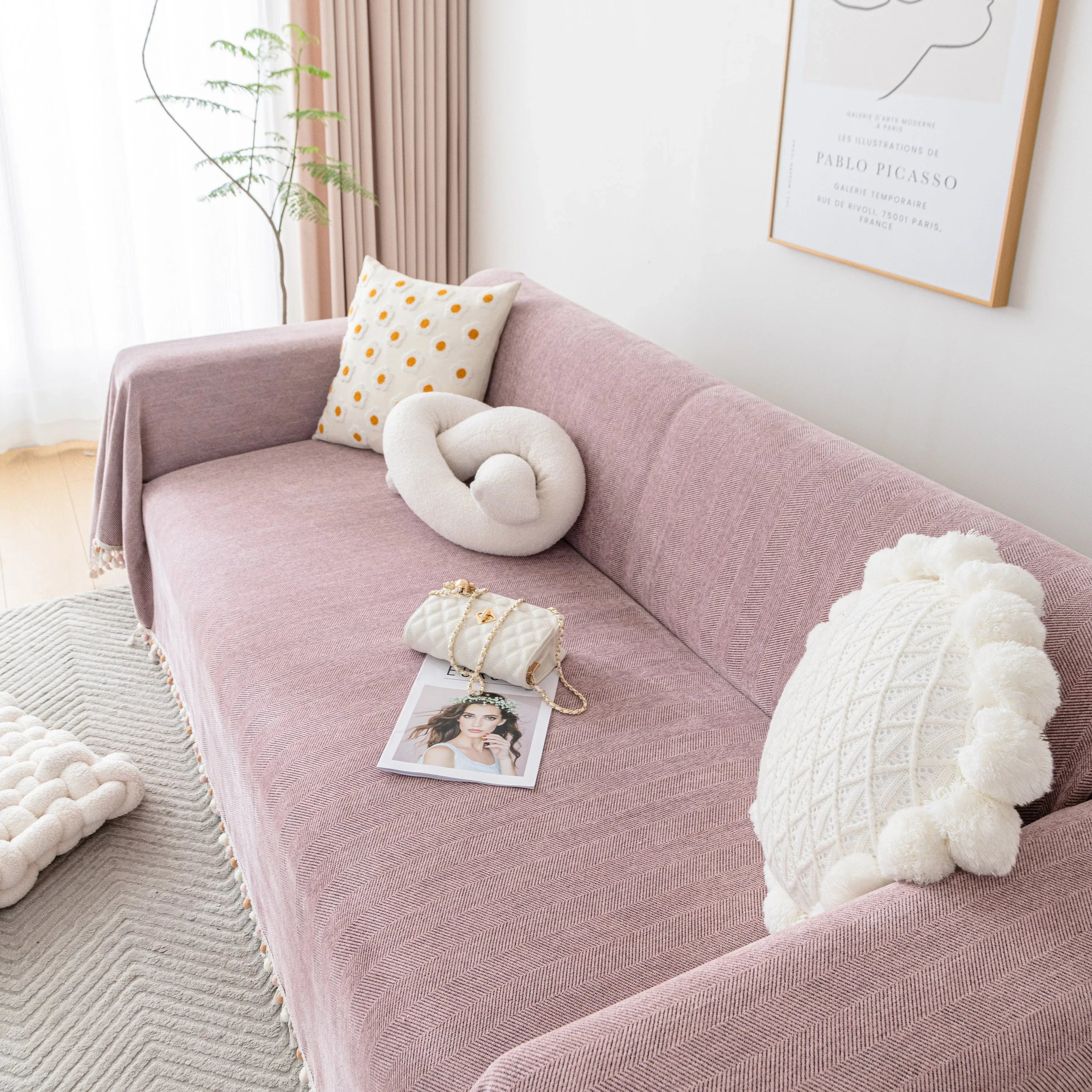 Boho Herringbone Sofa Throw Blanket with Pom Pom Tassels Stylish Furniture Slipcover - TaroTextile