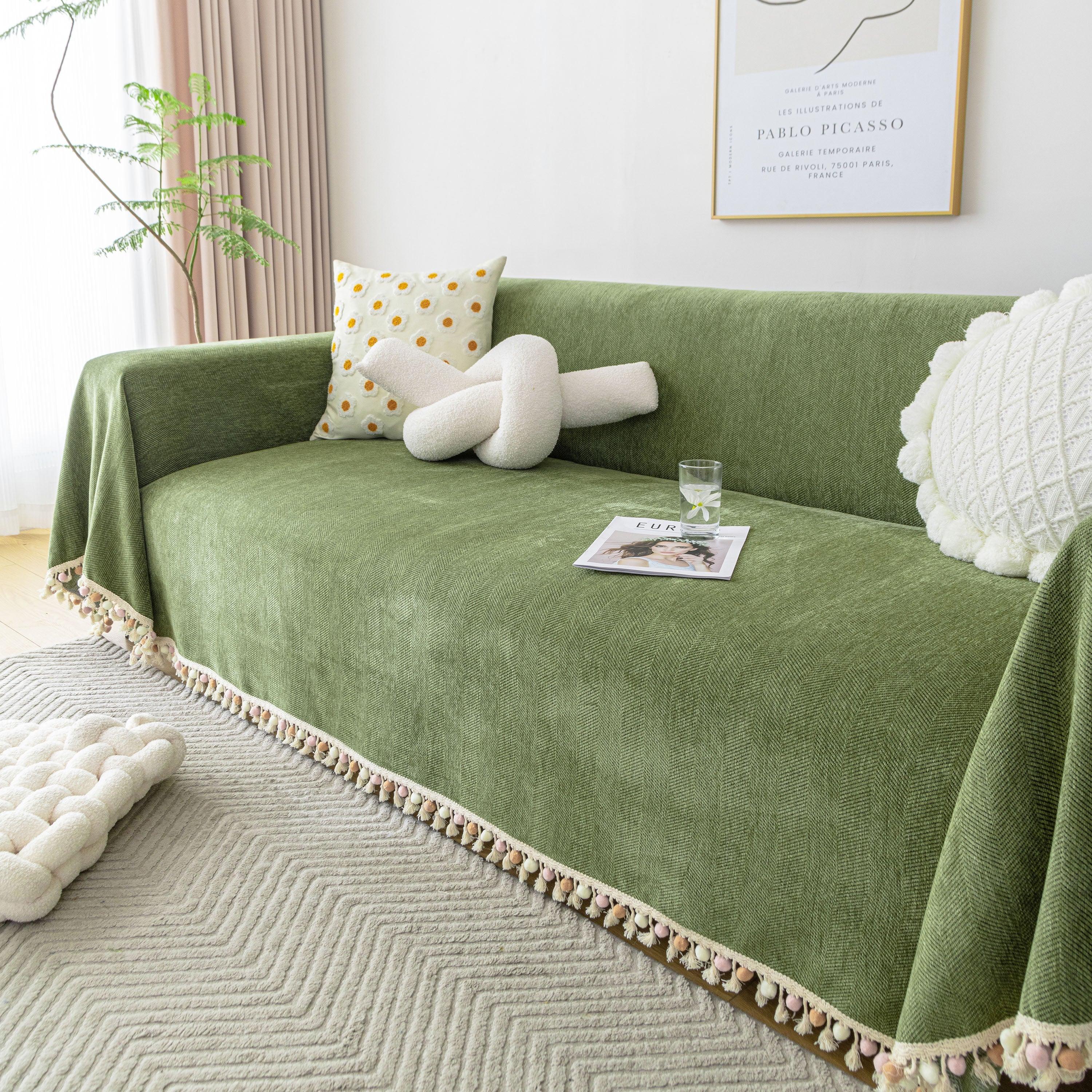 Boho Herringbone Sofa Throw Blanket with Pom Pom Tassels Stylish Furniture Slipcover - TaroTextile