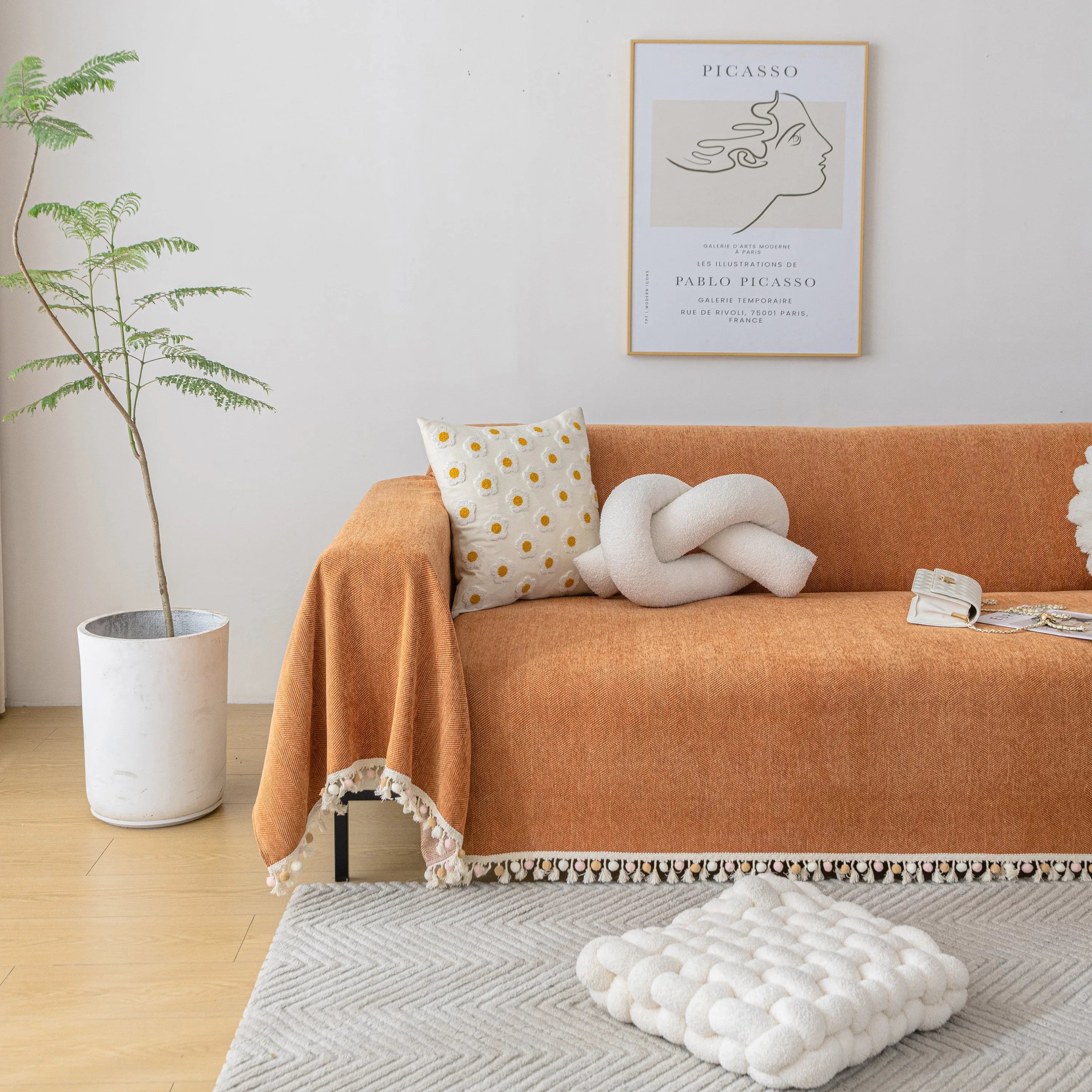 Boho Herringbone Sofa Throw Blanket with Pom Pom Tassels Stylish Furniture Slipcover - TaroTextile