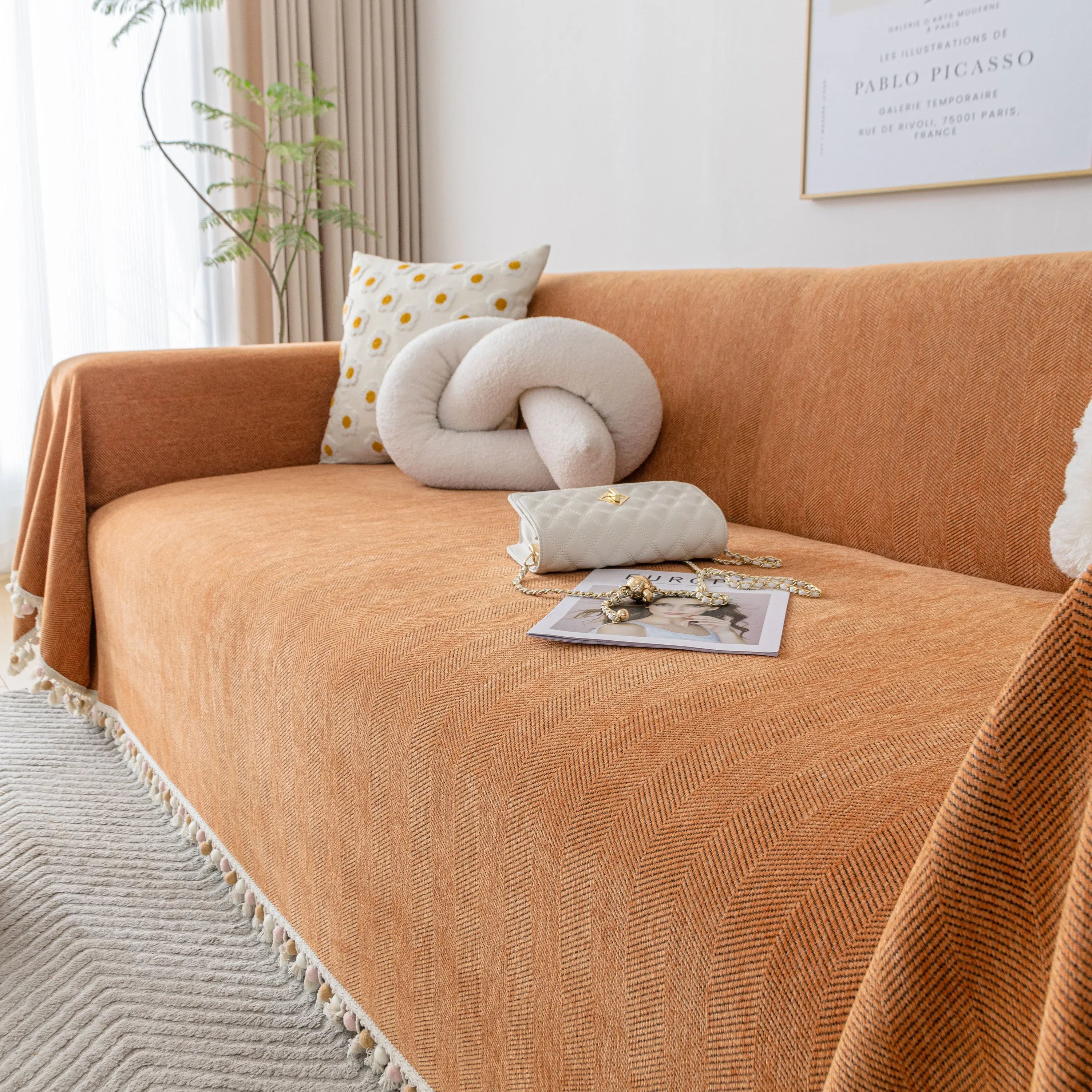 Boho Herringbone Sofa Throw Blanket with Pom Pom Tassels Stylish Furniture Slipcover - TaroTextile