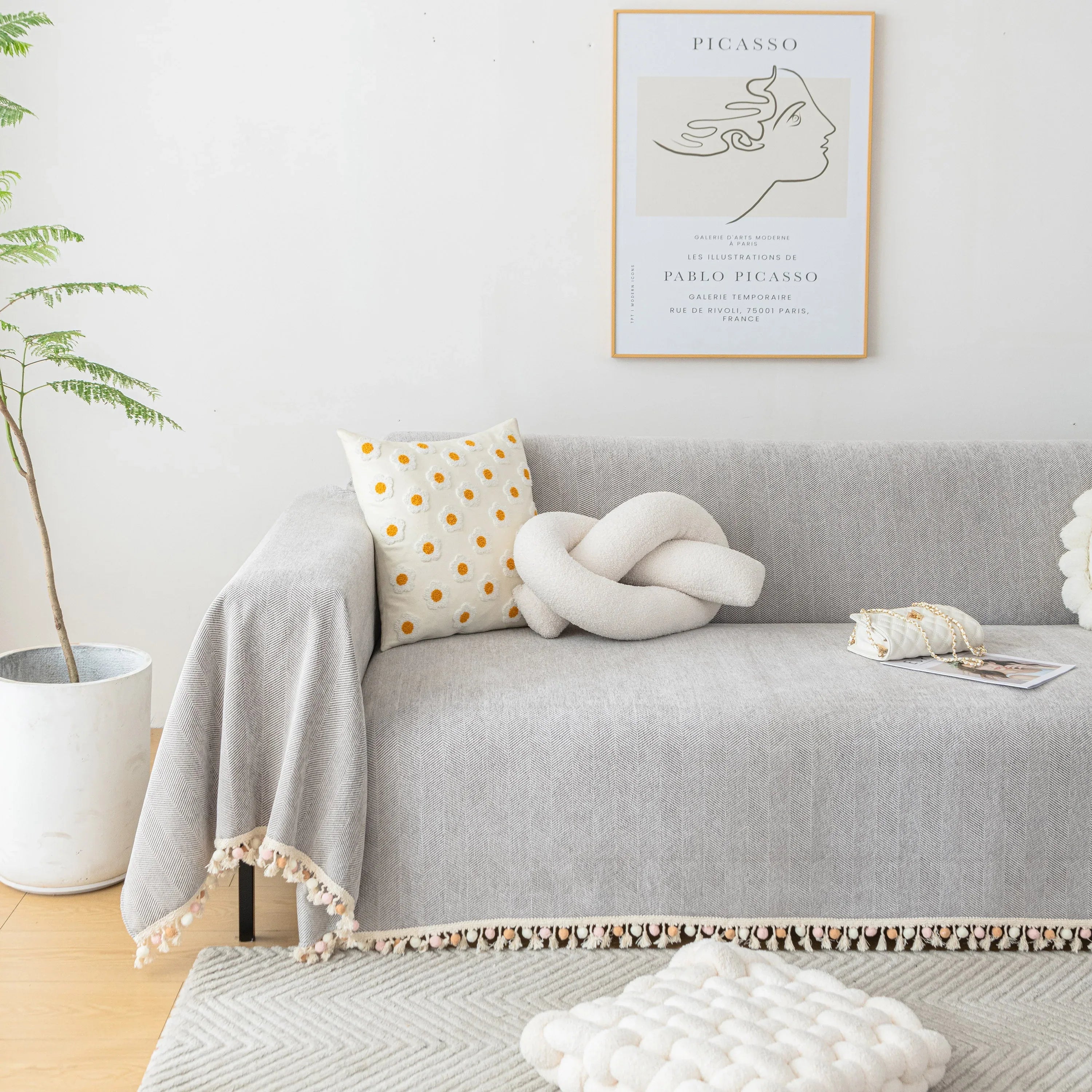 Boho Herringbone Sofa Throw Blanket with Pom Pom Tassels Stylish Furniture Slipcover - TaroTextile