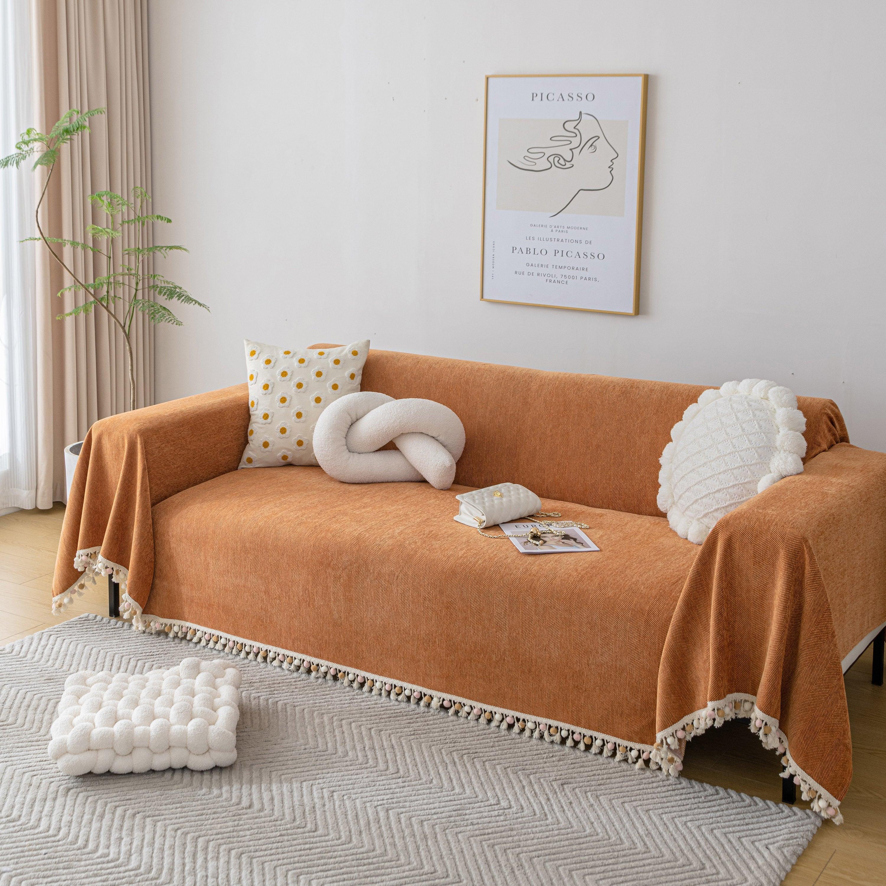 Boho Herringbone Sofa Throw Blanket with Pom Pom Tassels Stylish Furniture Slipcover - TaroTextile