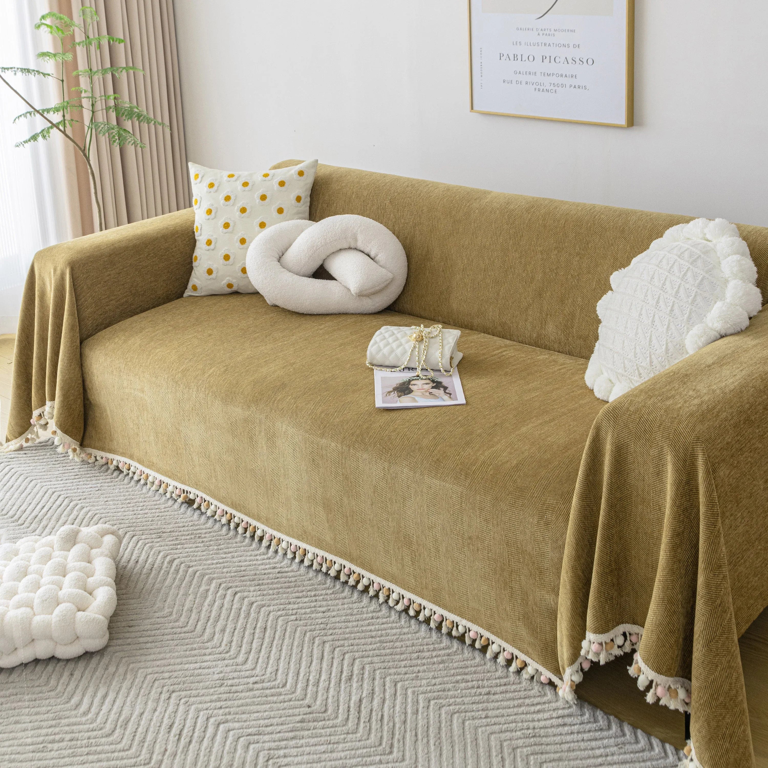 Boho Herringbone Sofa Throw Blanket with Pom Pom Tassels Stylish Furniture Slipcover - TaroTextile