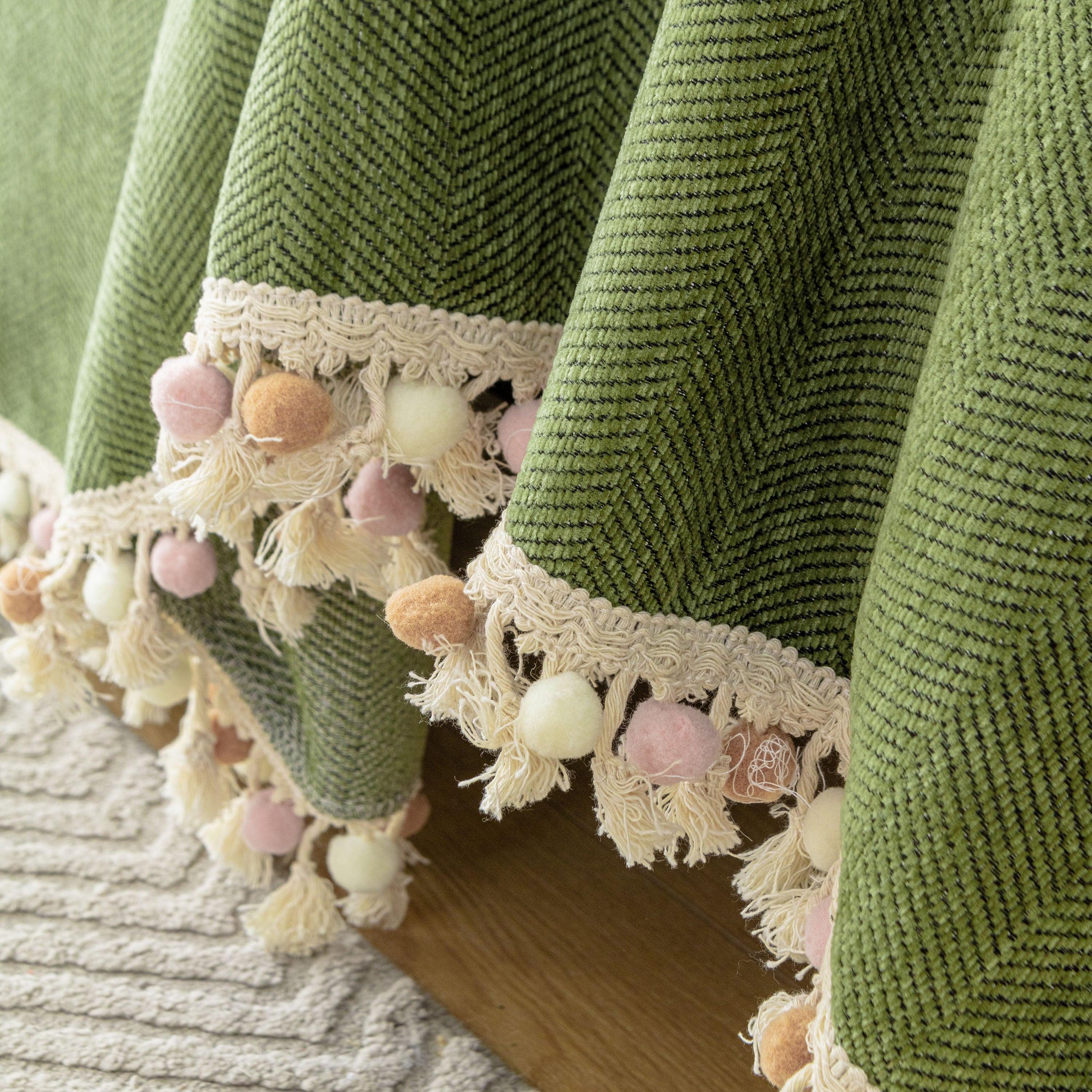 Boho Herringbone Sofa Throw Blanket with Pom Pom Tassels Stylish Furniture Slipcover - TaroTextile