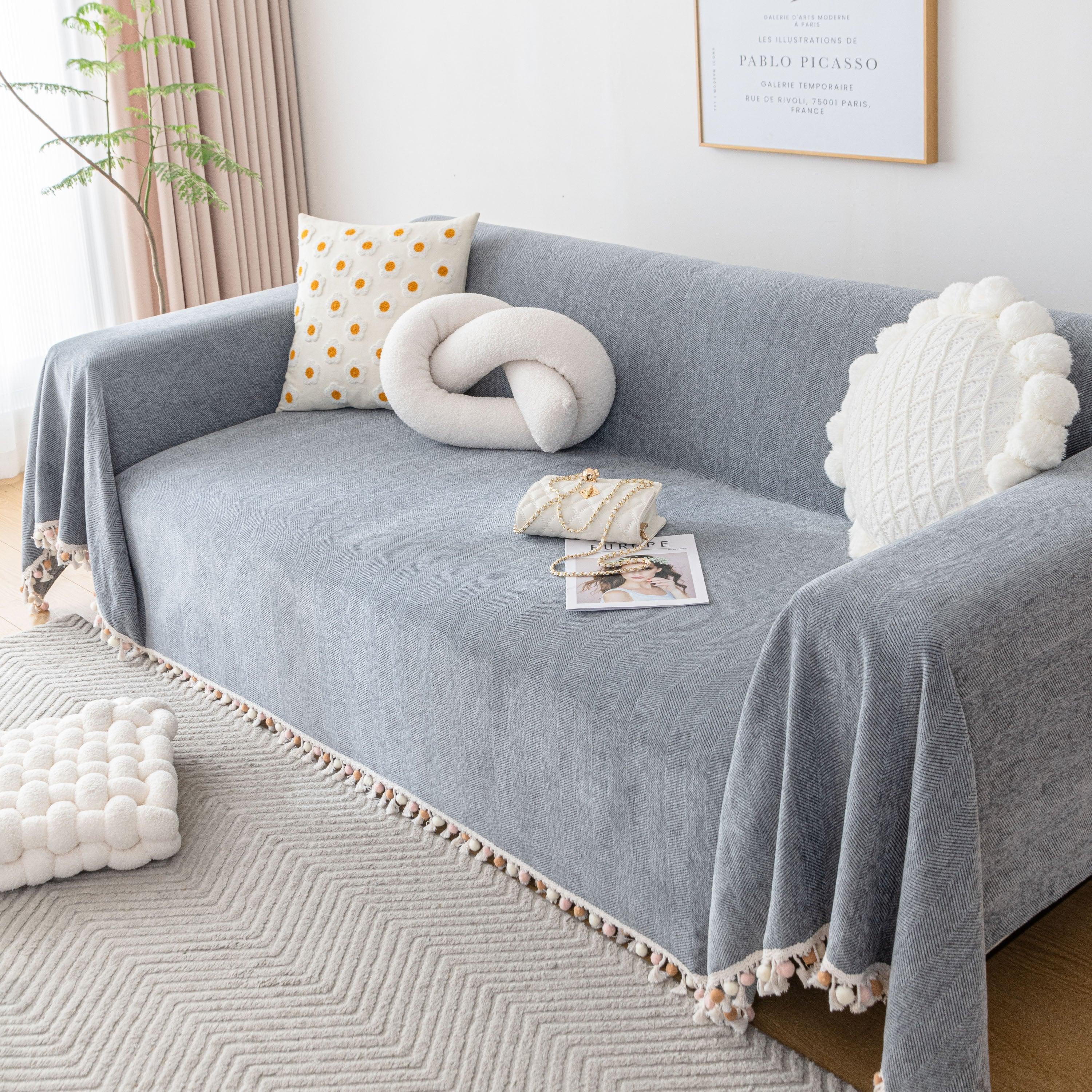 Boho Herringbone Sofa Throw Blanket with Pom Pom Tassels Stylish Furniture Slipcover - TaroTextile