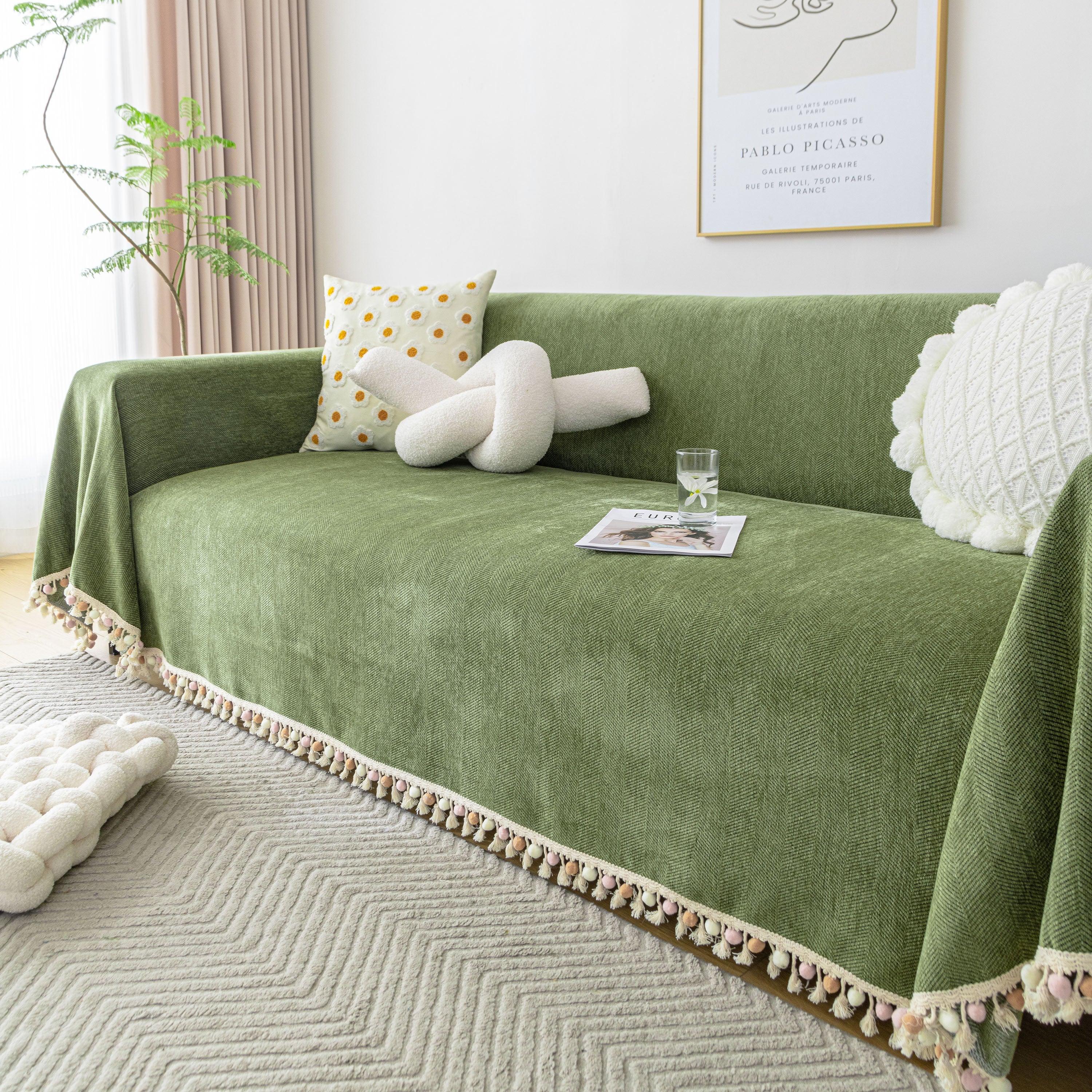 Boho Herringbone Sofa Throw Blanket with Pom Pom Tassels Stylish Furniture Slipcover - TaroTextile