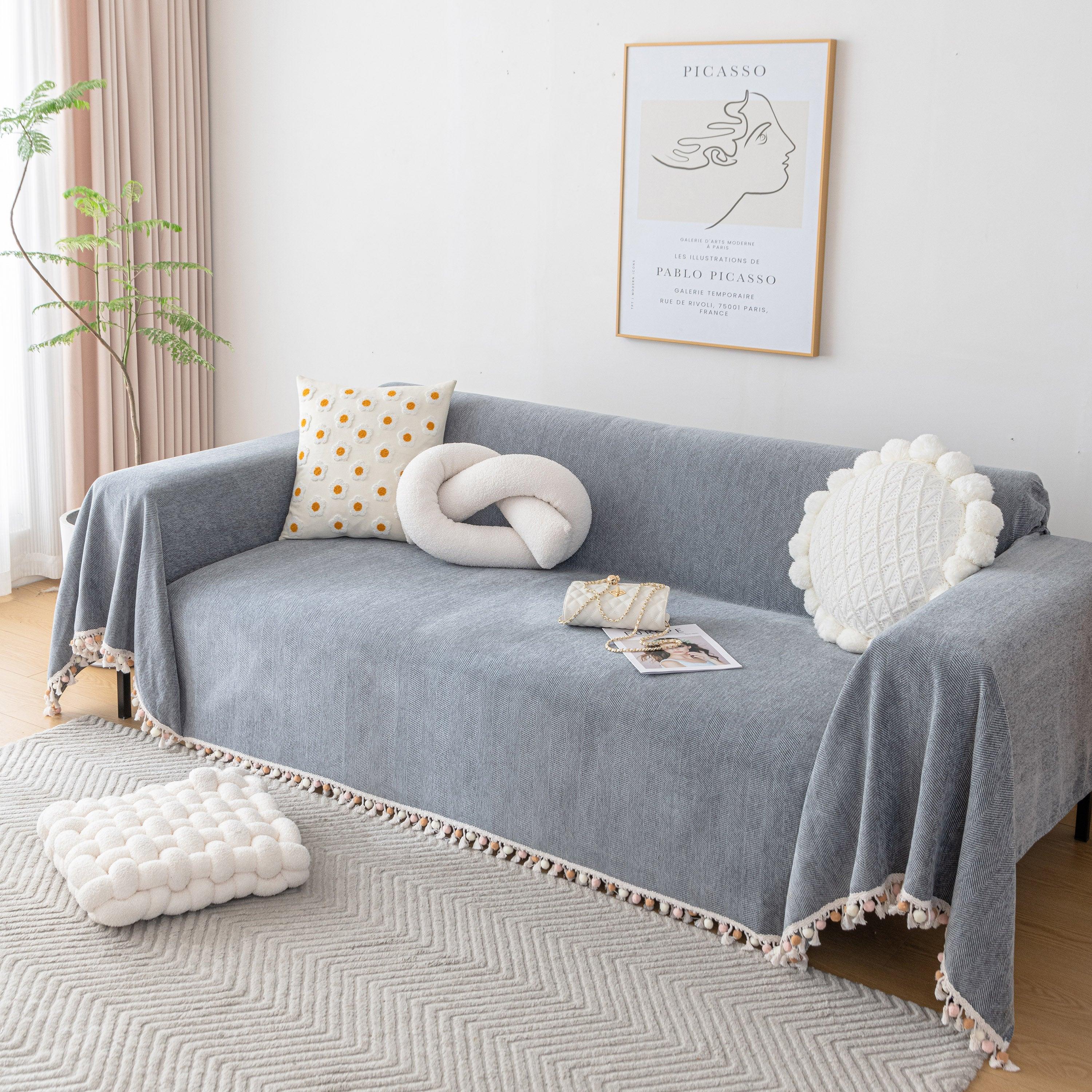 Boho Herringbone Sofa Throw Blanket with Pom Pom Tassels Stylish Furniture Slipcover - TaroTextile