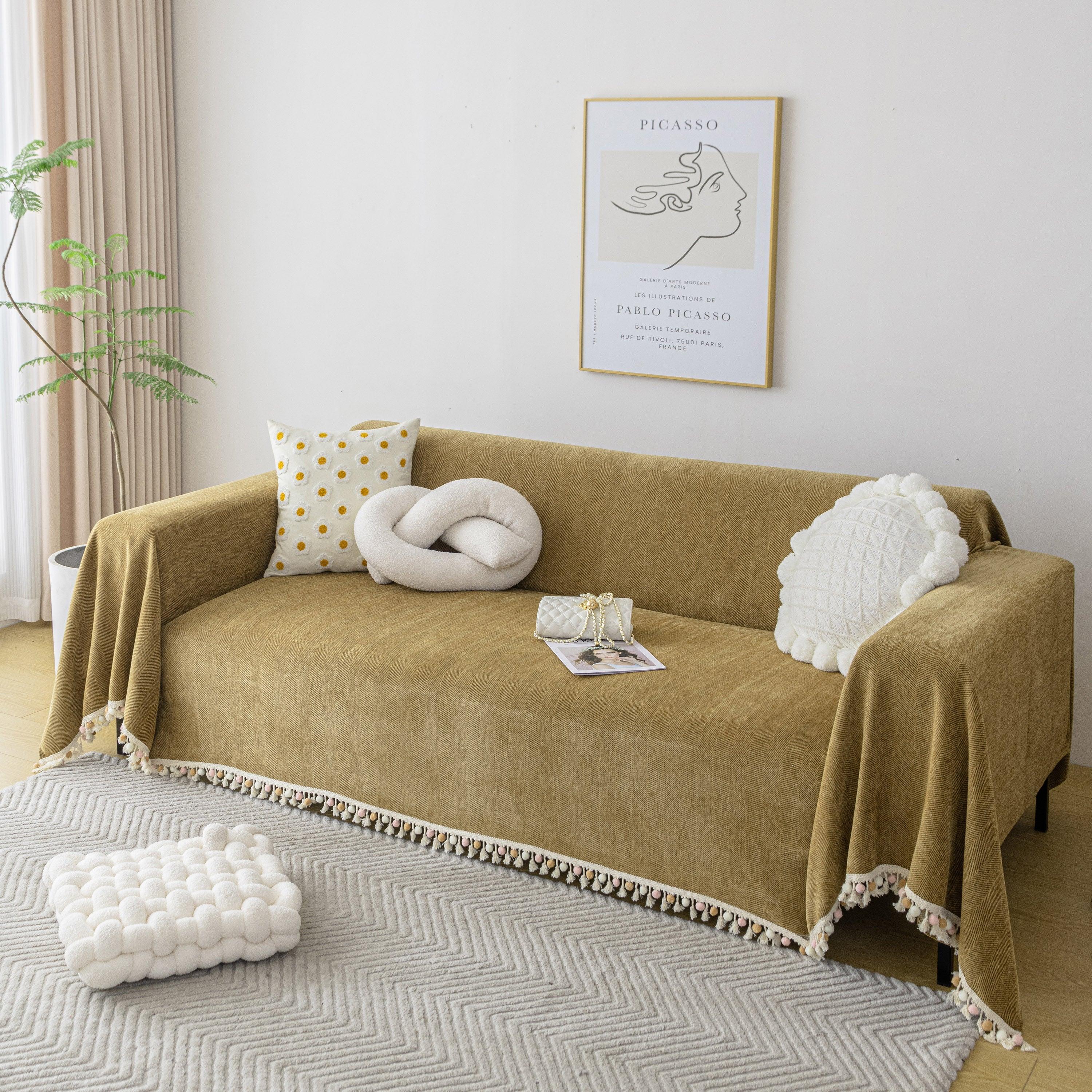 Boho Herringbone Sofa Throw Blanket with Pom Pom Tassels Stylish Furniture Slipcover - TaroTextile