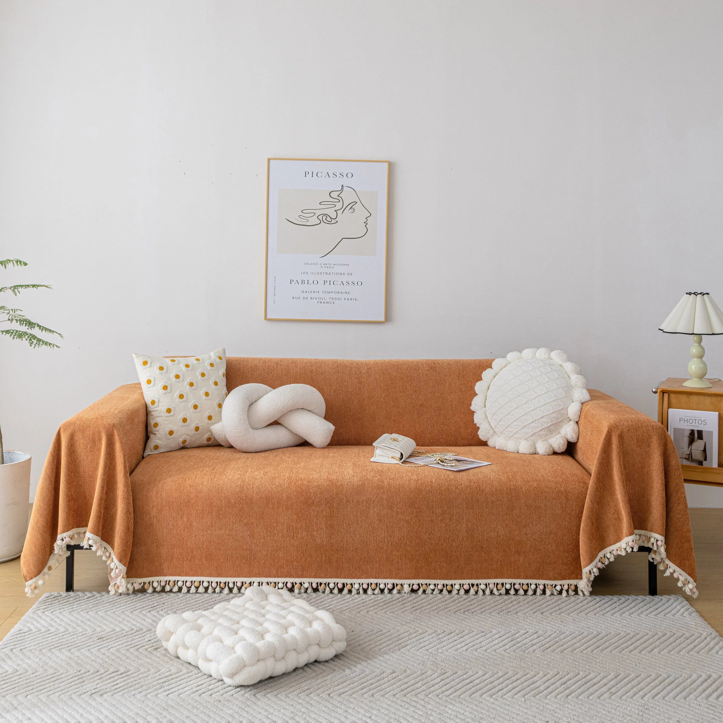 Boho Herringbone Sofa Throw Blanket with Pom Pom Tassels Stylish Furniture Slipcover - TaroTextile