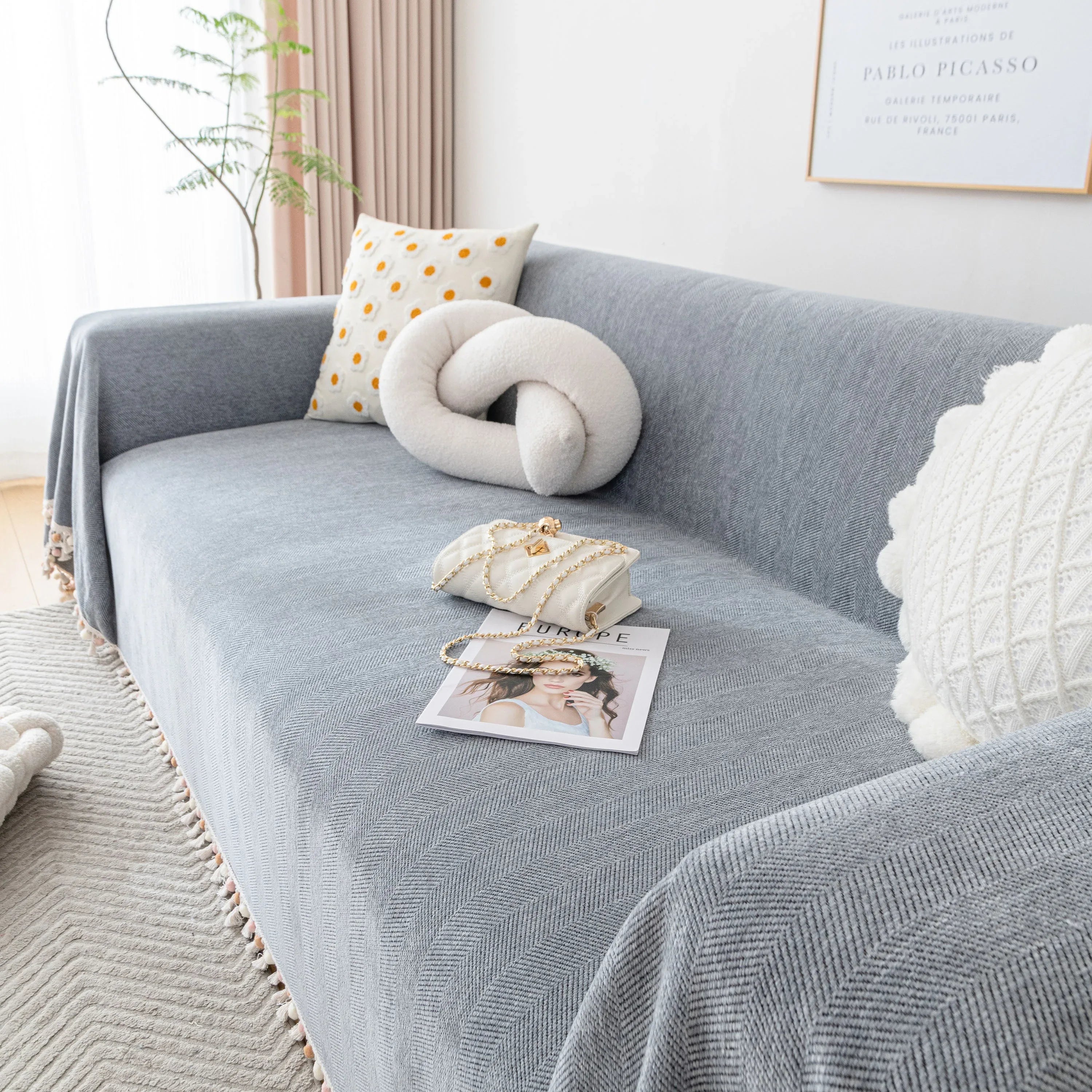 Boho Herringbone Sofa Throw Blanket with Pom Pom Tassels Stylish Furniture Slipcover - TaroTextile