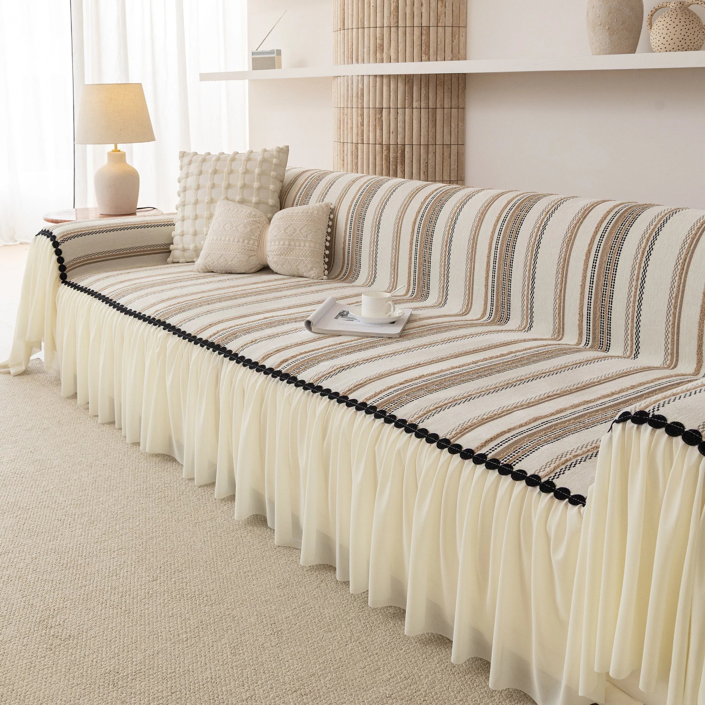 Boho Striped Couch Cover with Sheer Ruffle Skirt, Decorative Couch Throw Blanket - TaroTextile