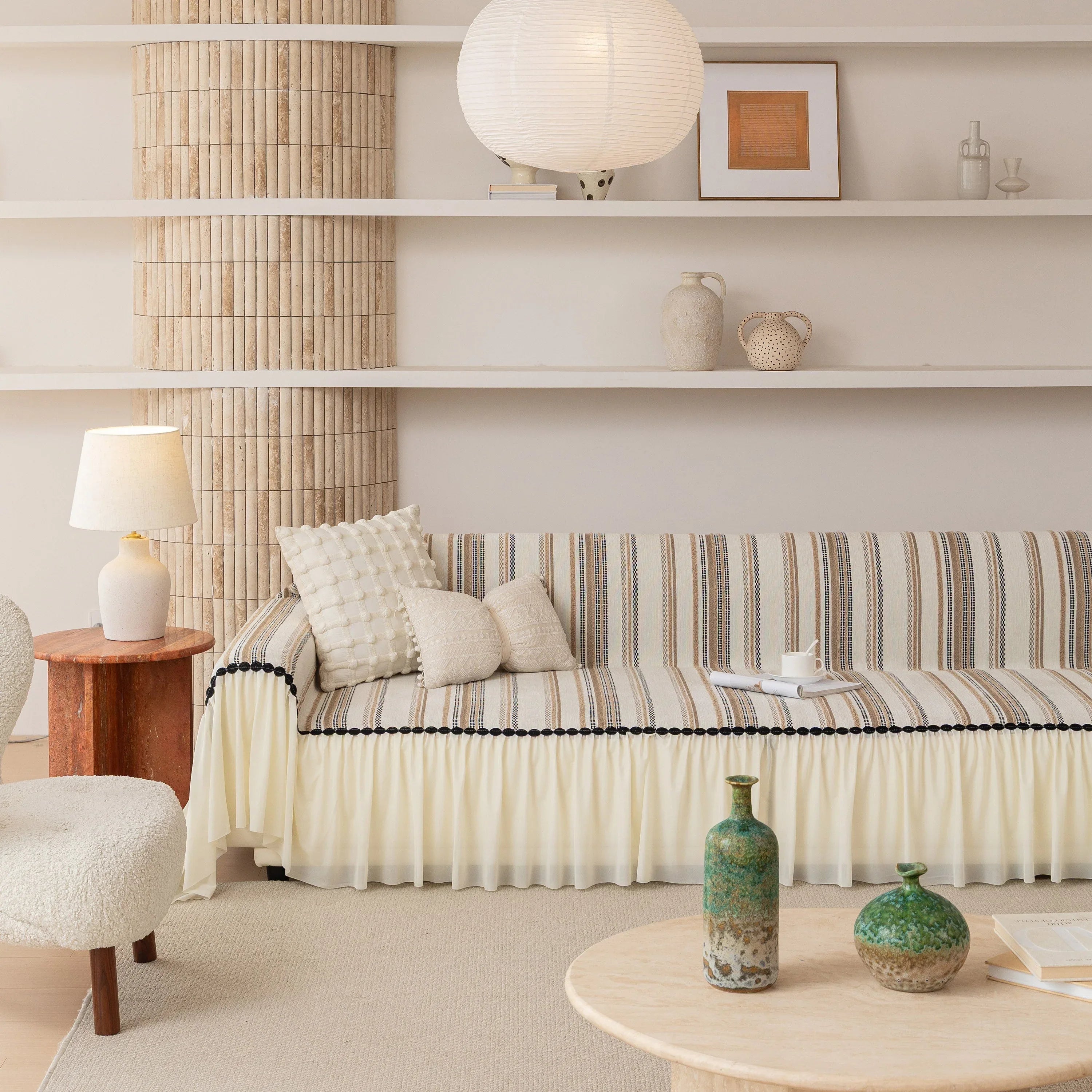 Boho Striped Couch Cover with Sheer Ruffle Skirt, Decorative Couch Throw Blanket - TaroTextile