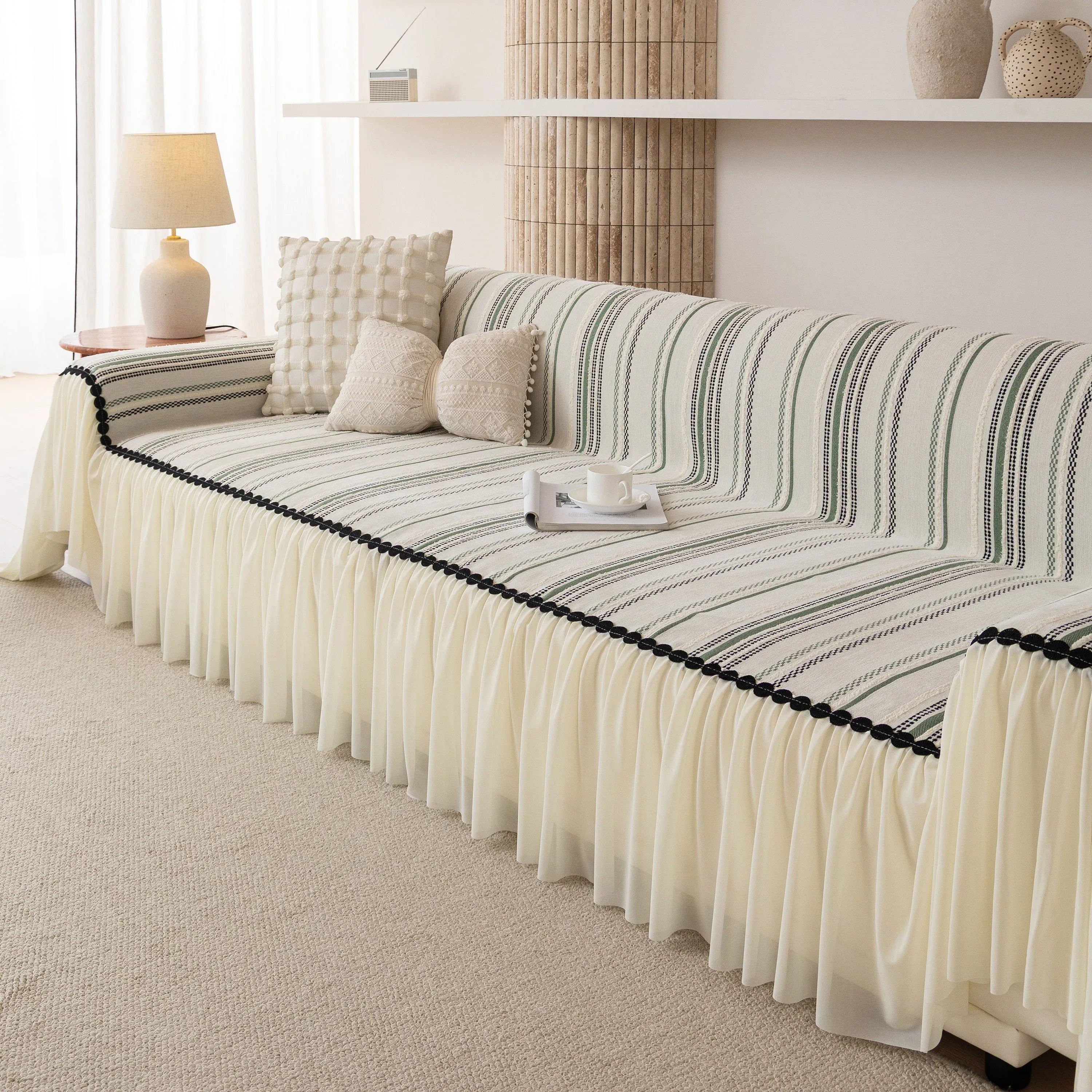 Boho Striped Couch Cover with Sheer Ruffle Skirt, Decorative Couch Throw Blanket - TaroTextile