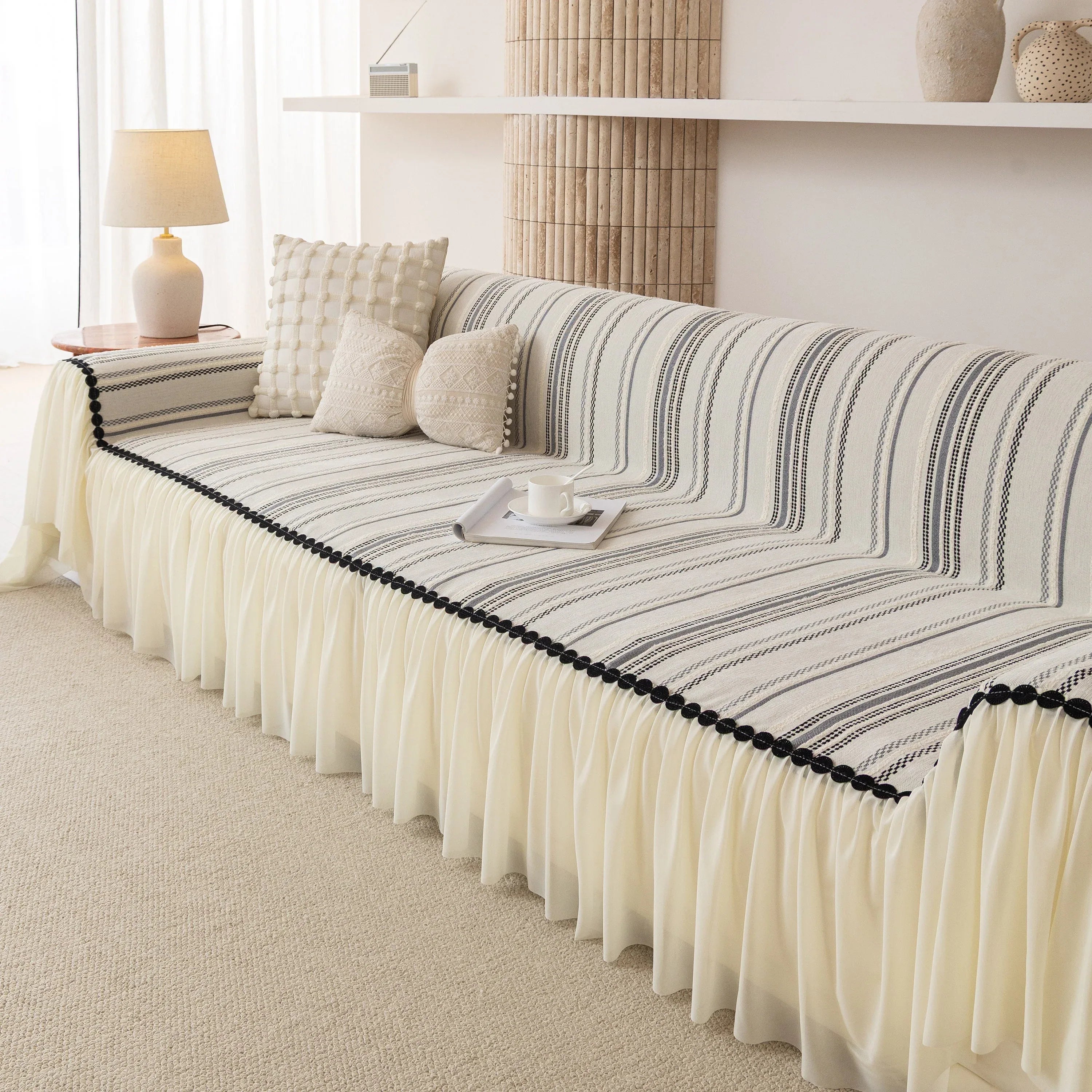 Boho Striped Couch Cover with Sheer Ruffle Skirt, Decorative Couch Throw Blanket - TaroTextile