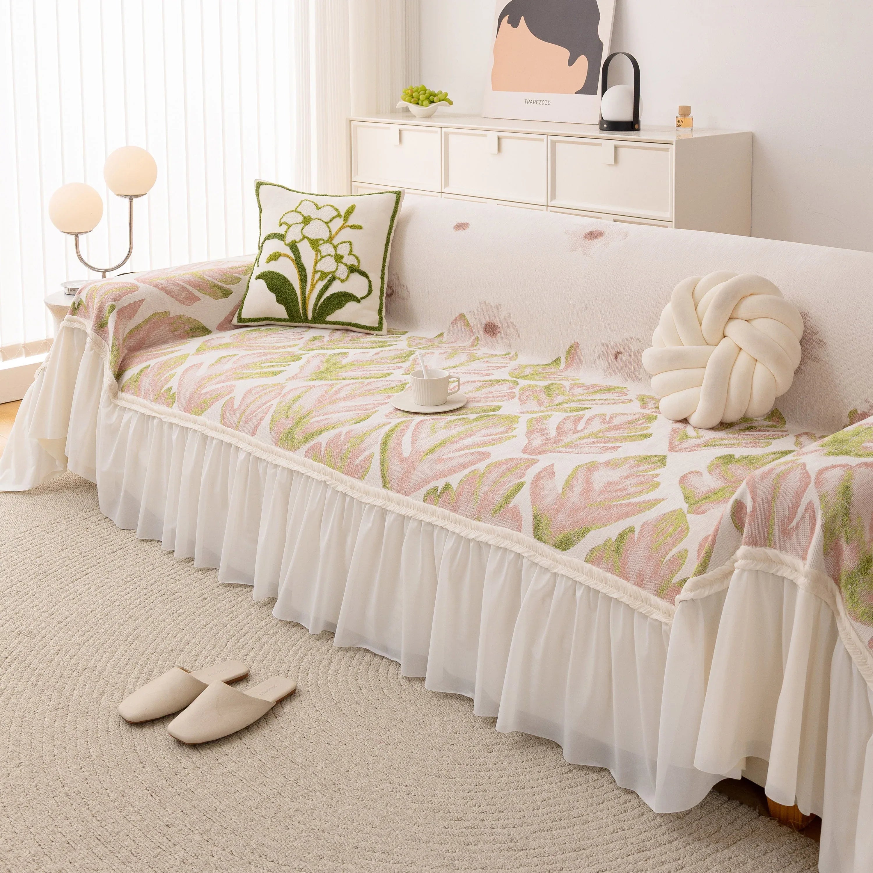 Botanical Sofa Cover with Chiffon Skirt, Floral Couch Throw Blanket for All-Season - TaroTextile