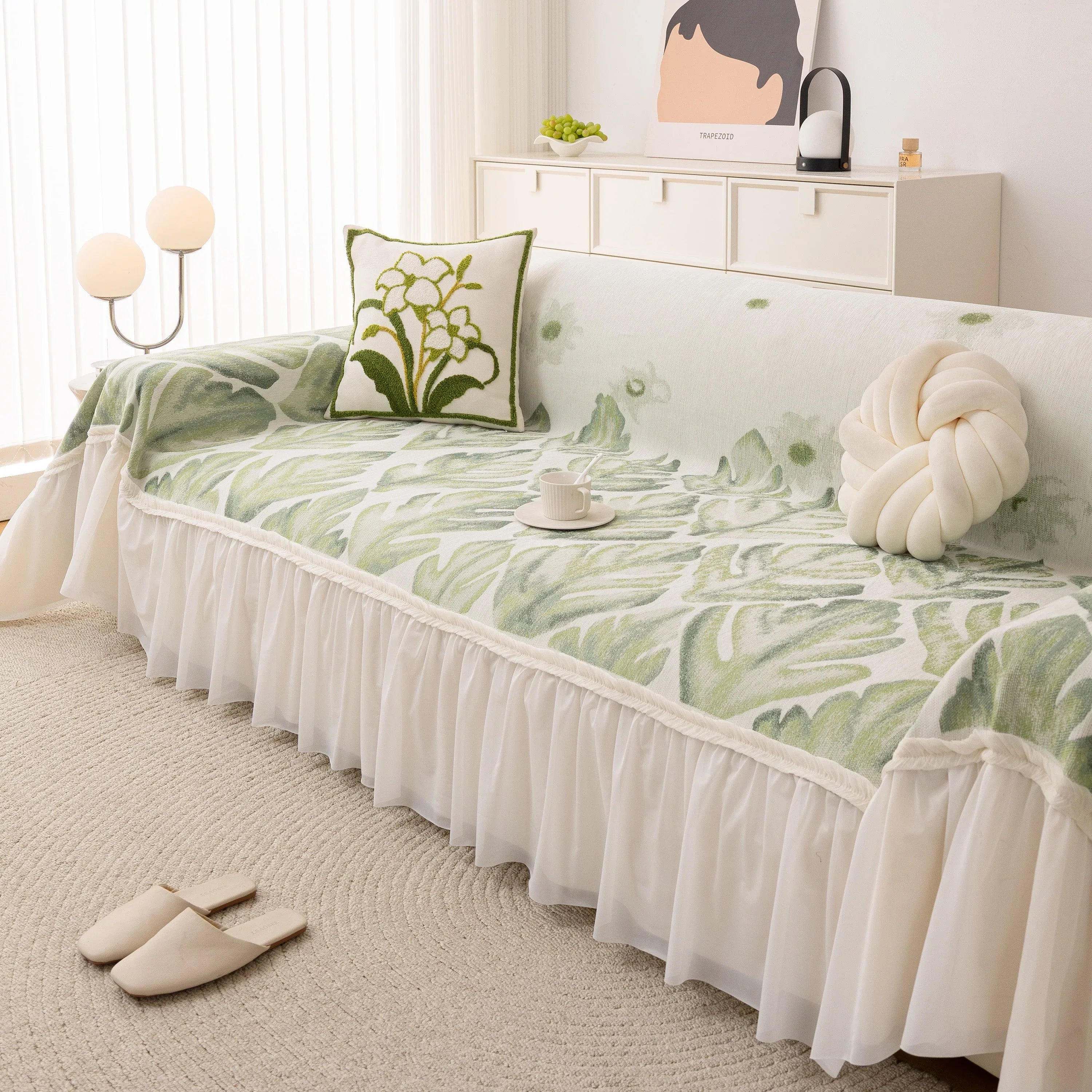 Botanical Sofa Cover with Chiffon Skirt, Floral Couch Throw Blanket for All-Season - TaroTextile