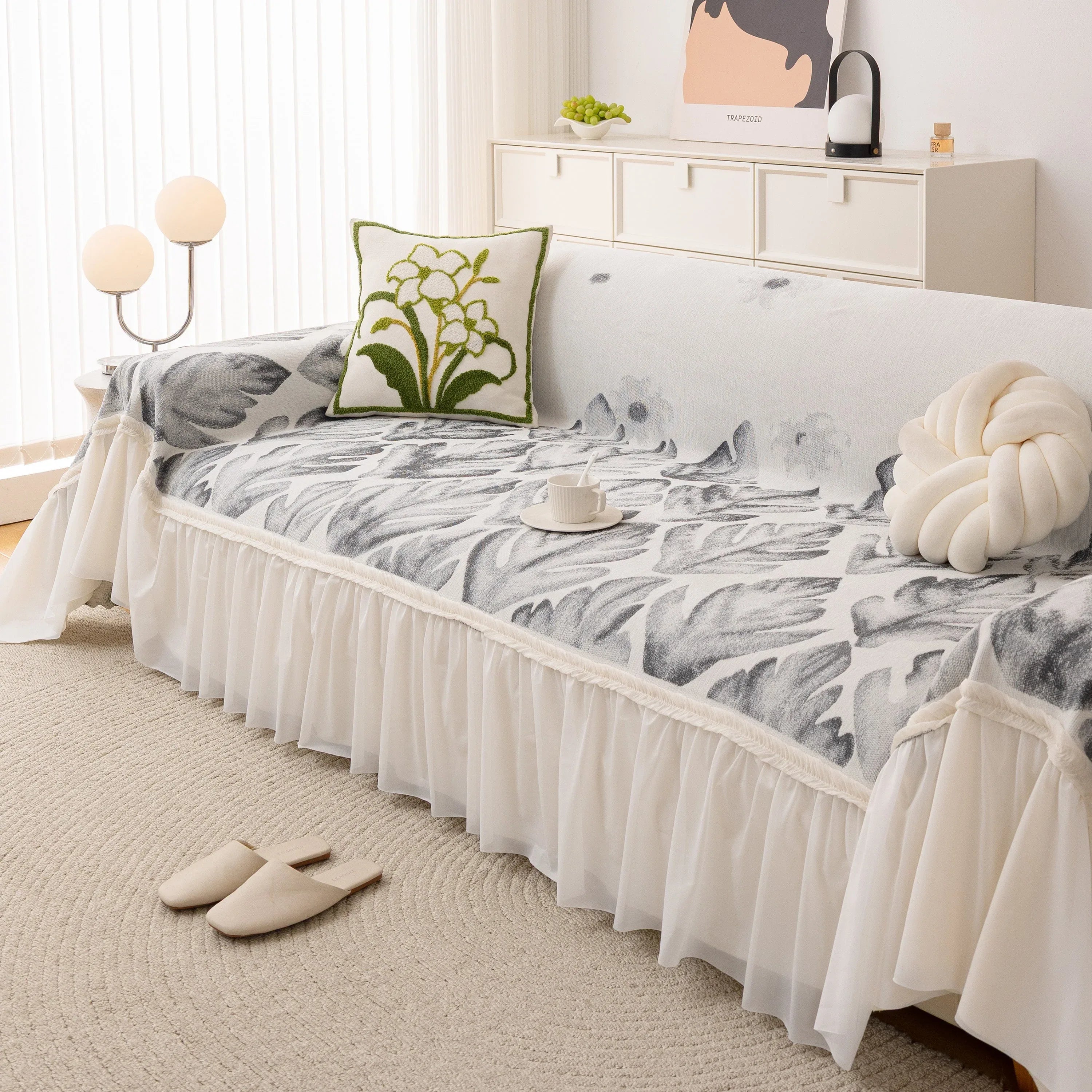 Botanical Sofa Cover with Chiffon Skirt, Floral Couch Throw Blanket for All-Season - TaroTextile