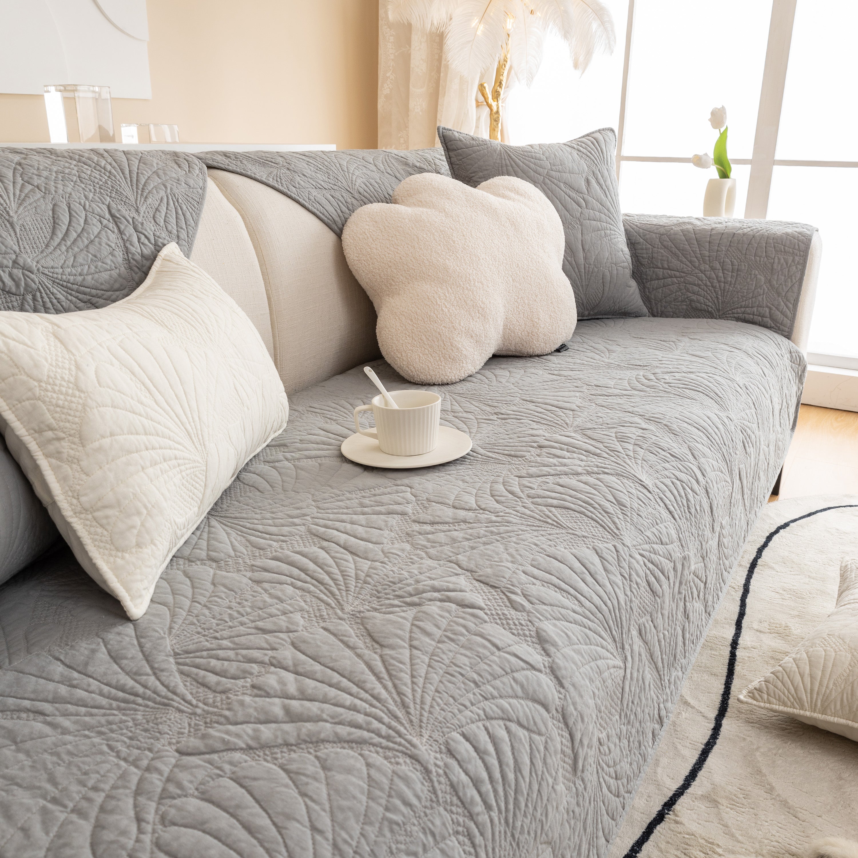 Embossed Leaf Cotton Quilted Sofa Cover Non-Slip Couch Protector with Thick Padding