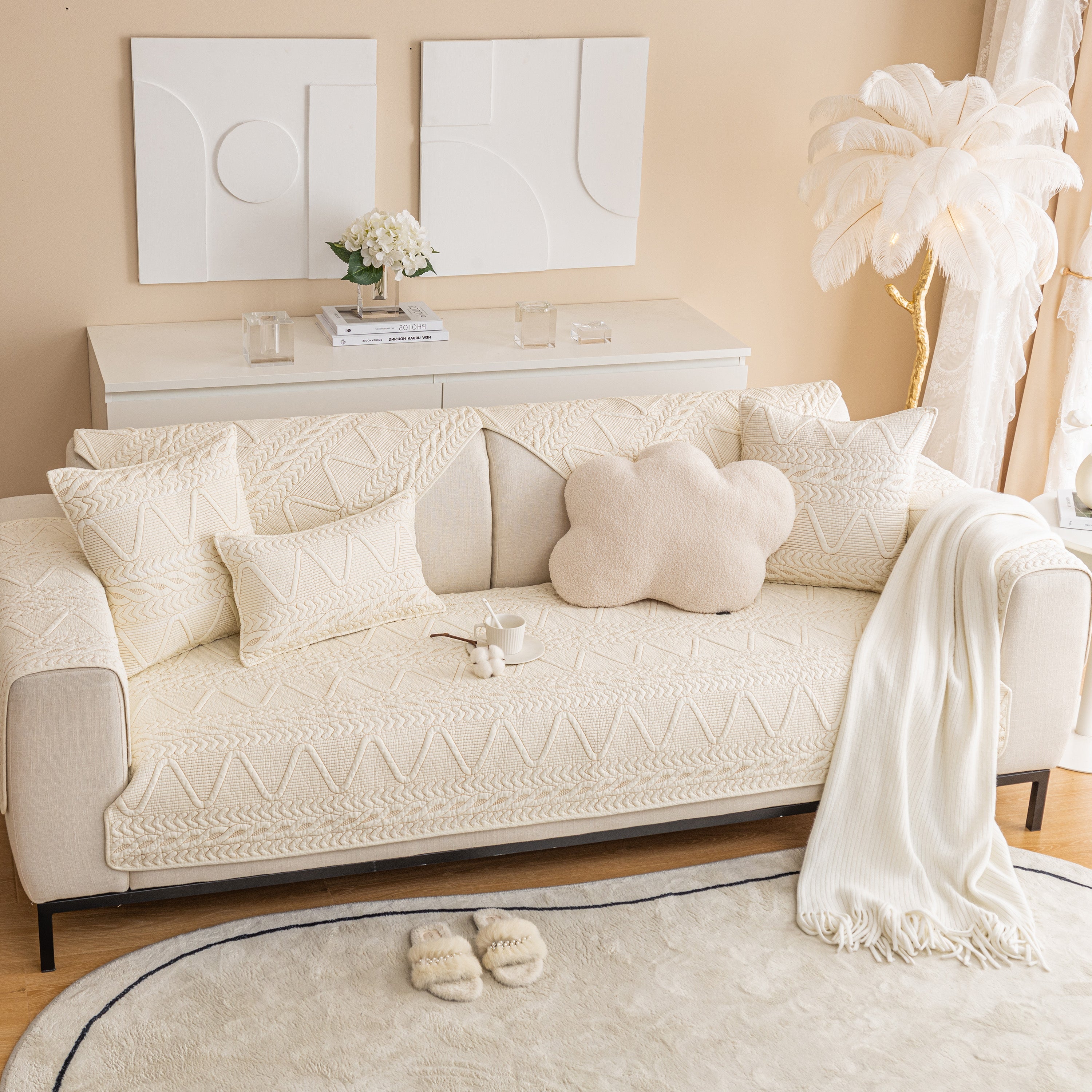 Geometric Textured Cotton Quilted Sofa Cover, Non-Slip Washable Couch Protector