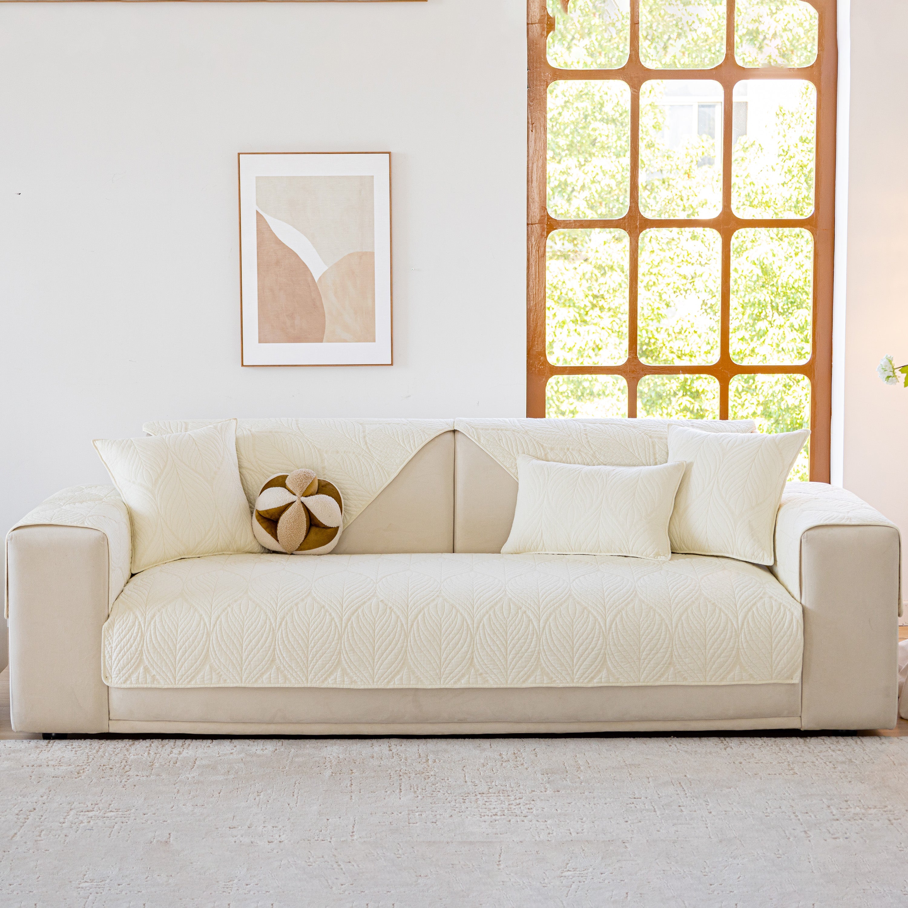 Leaf Vein Textured Cotton Quilted Sofa Slipcover, Non-Slip Modular Couch Covers