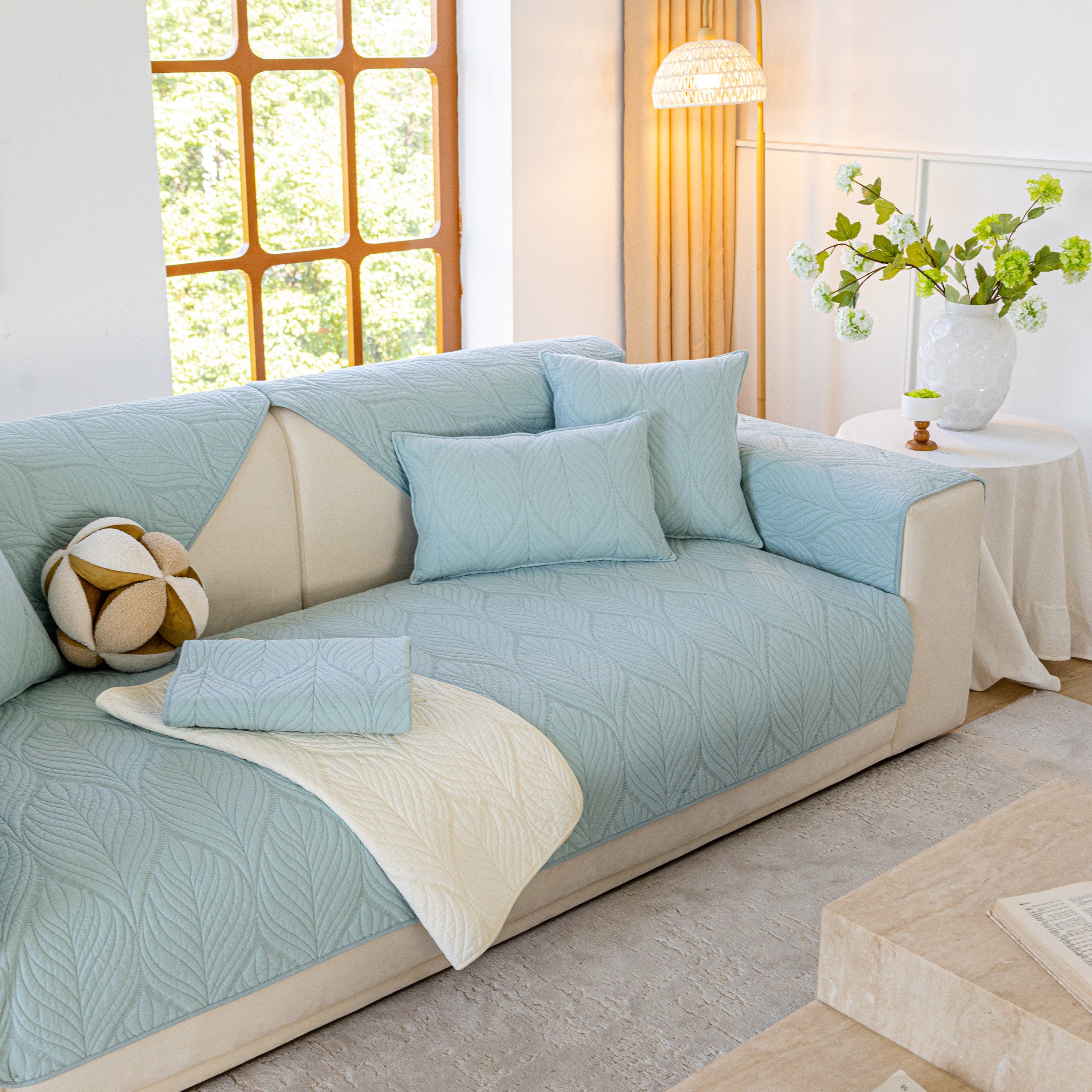 Leaf Vein Textured Cotton Quilted Sofa Slipcover, Non-Slip Modular Couch Covers